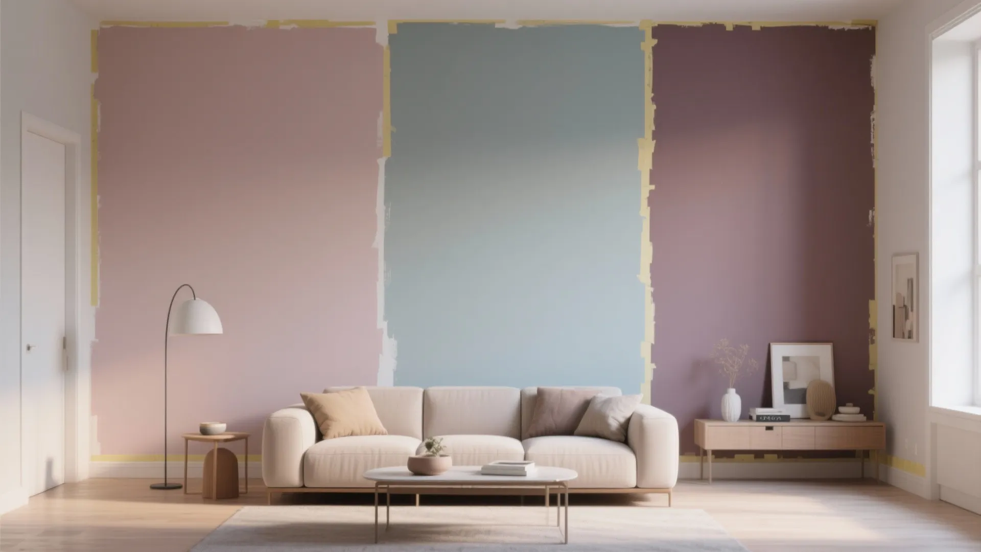 Modern living room with white sofa and three large paint samples in pink blue purple