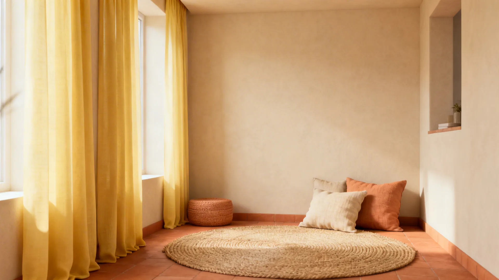 Small living area with light-yellow curtains and warm beige and terracotta accents