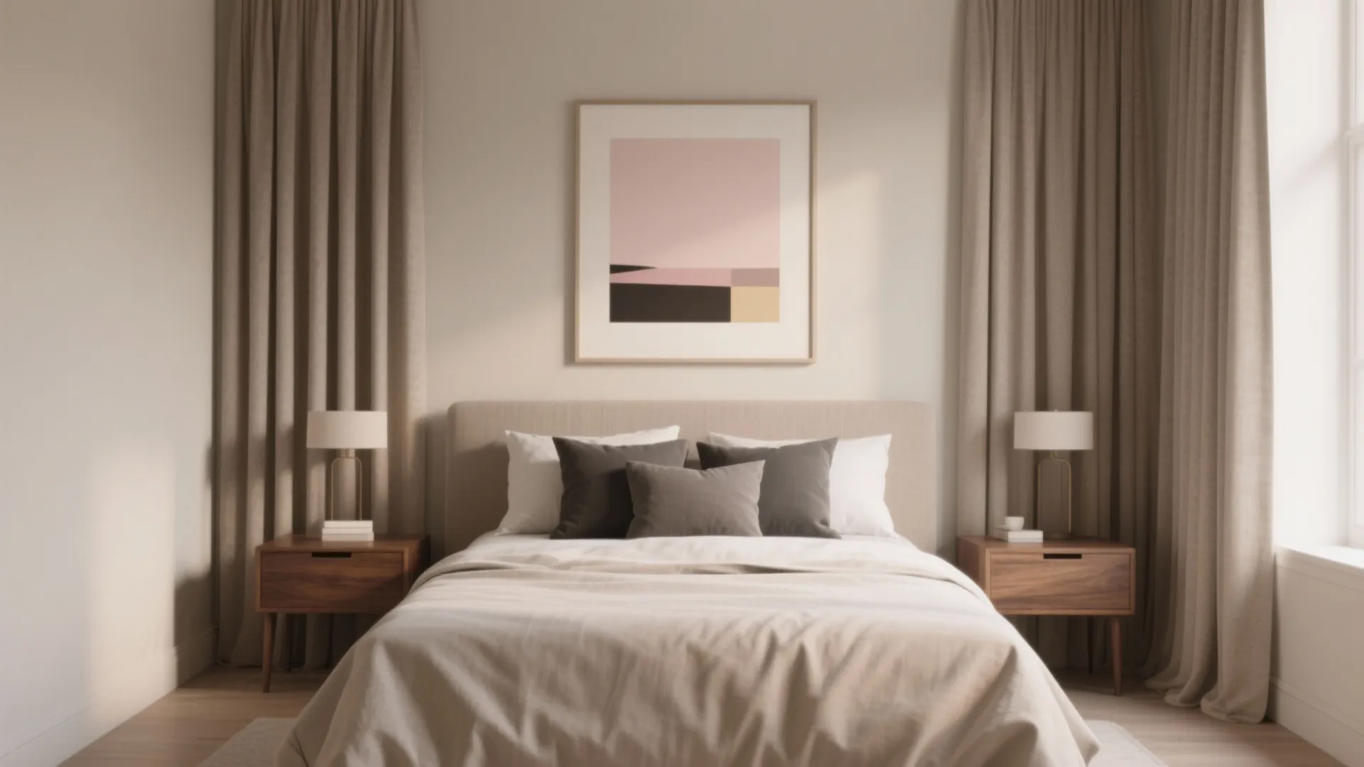 Minimalist bedroom with neutral bedding plus wooden side tables and two simple white table lamps