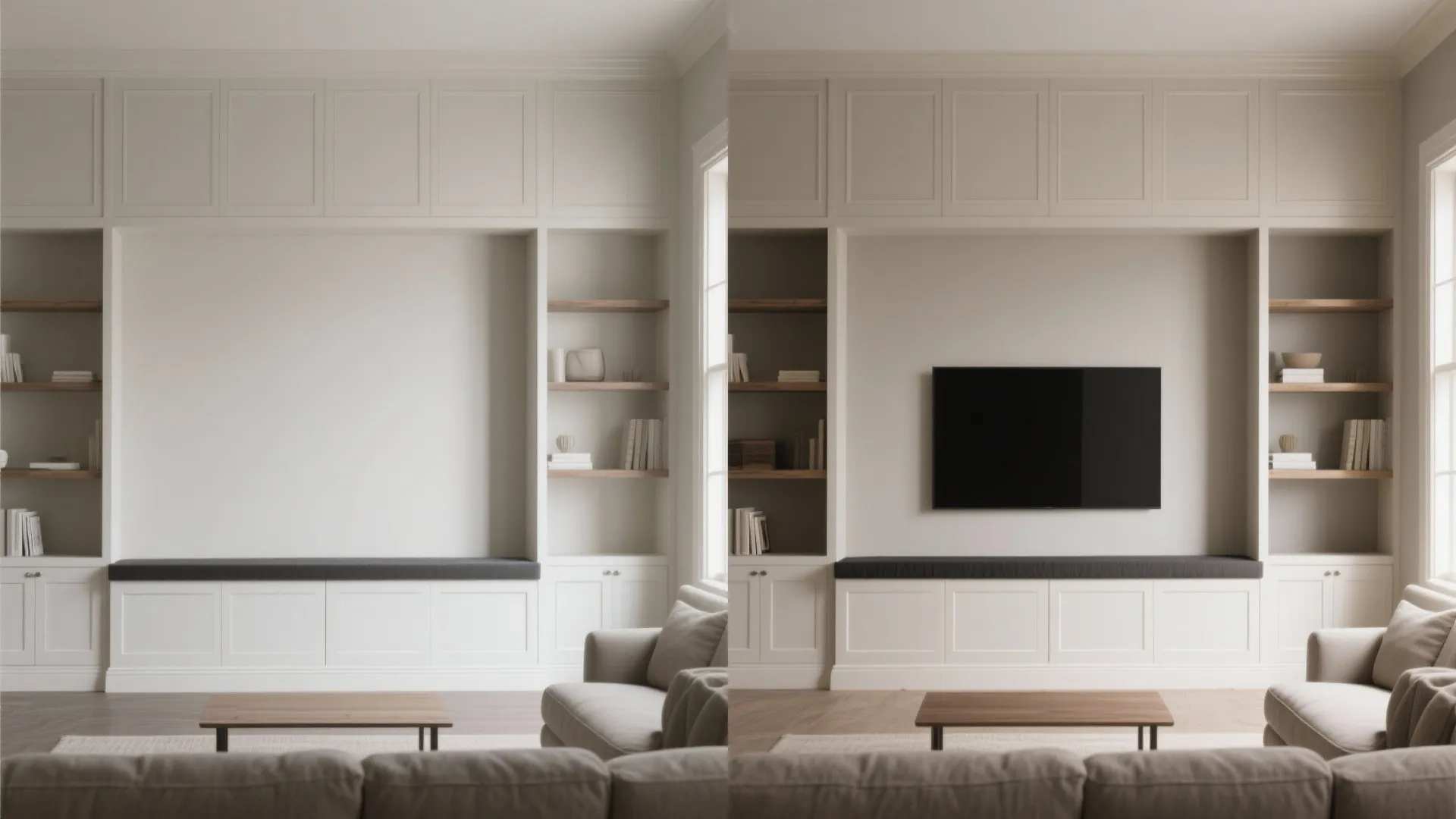 Before and after comparison of a white wall panel cabinet without and with a television