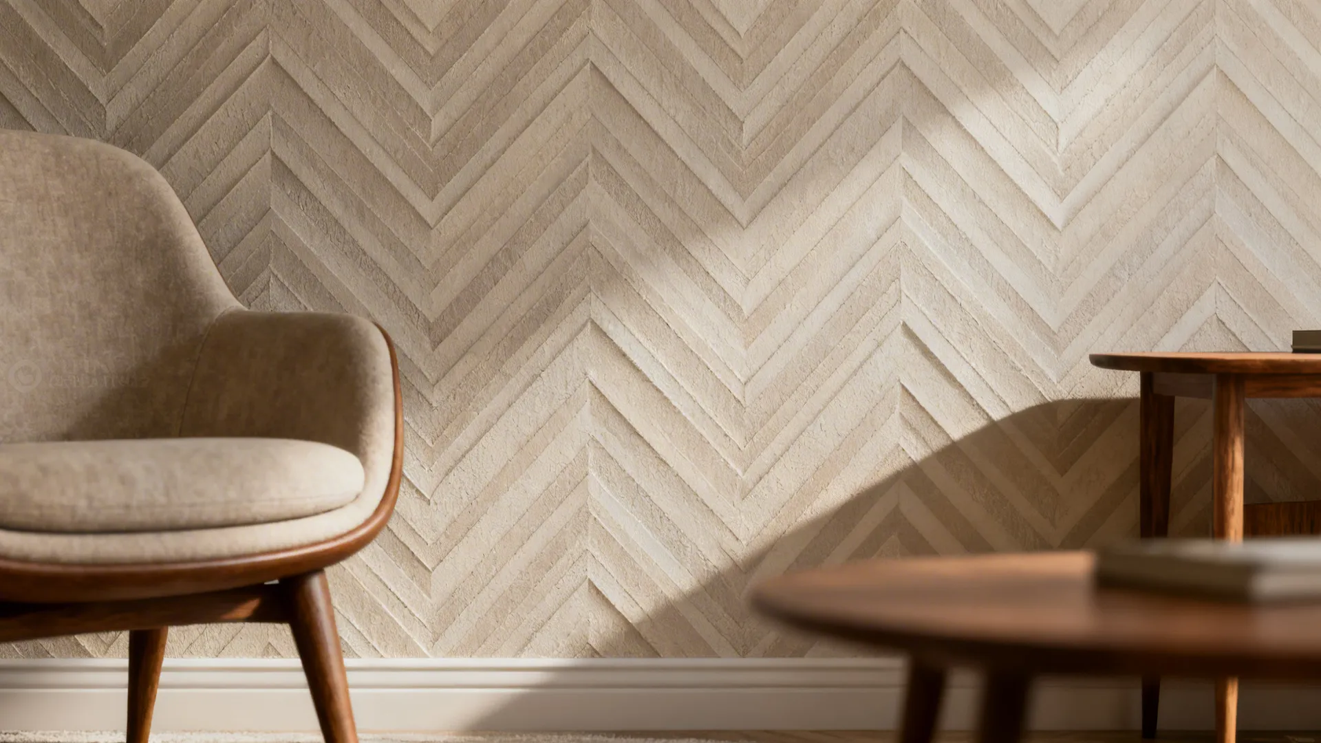 Close-up of subtle tone-on-tone chevron wallpaper next to a mid-century armchair.