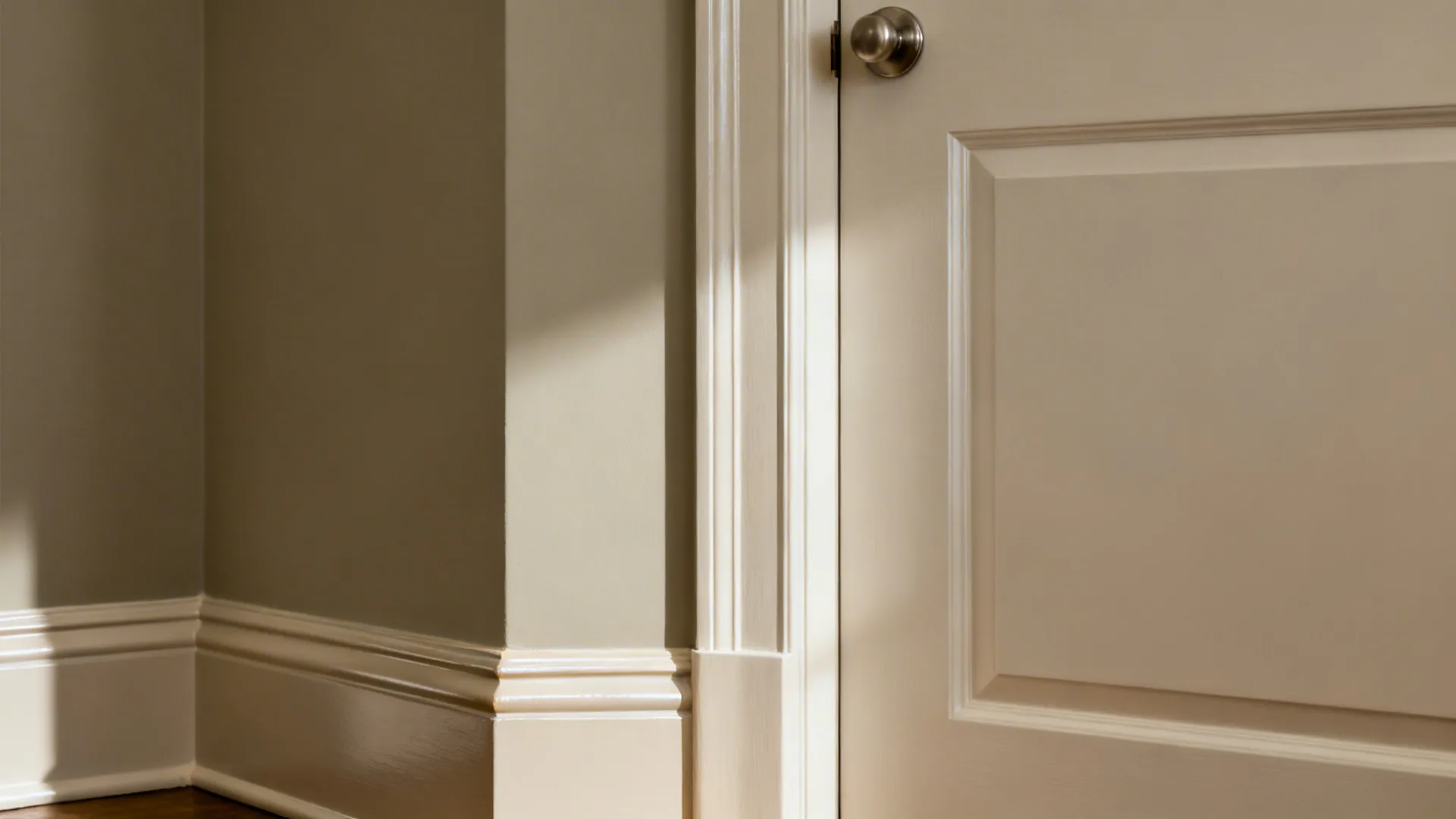 Close-up of greige wall with darker satin trim and door showing subtle sheen contrast.