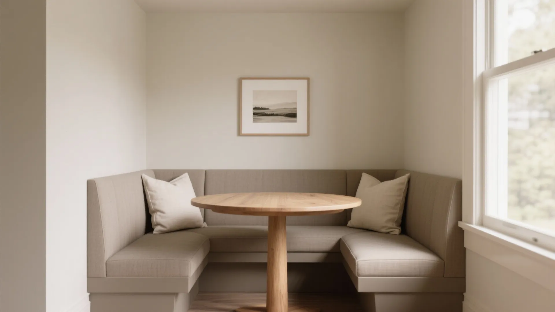 Tone-on-tone greige dining alcove with layered paint sheens and a round oak table.