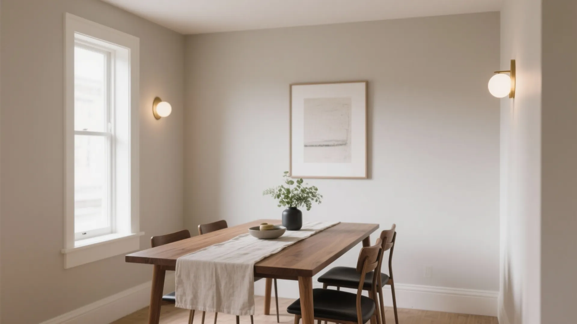 Minimalist dining room with wooden table black chairs beige walls white window and wall lights