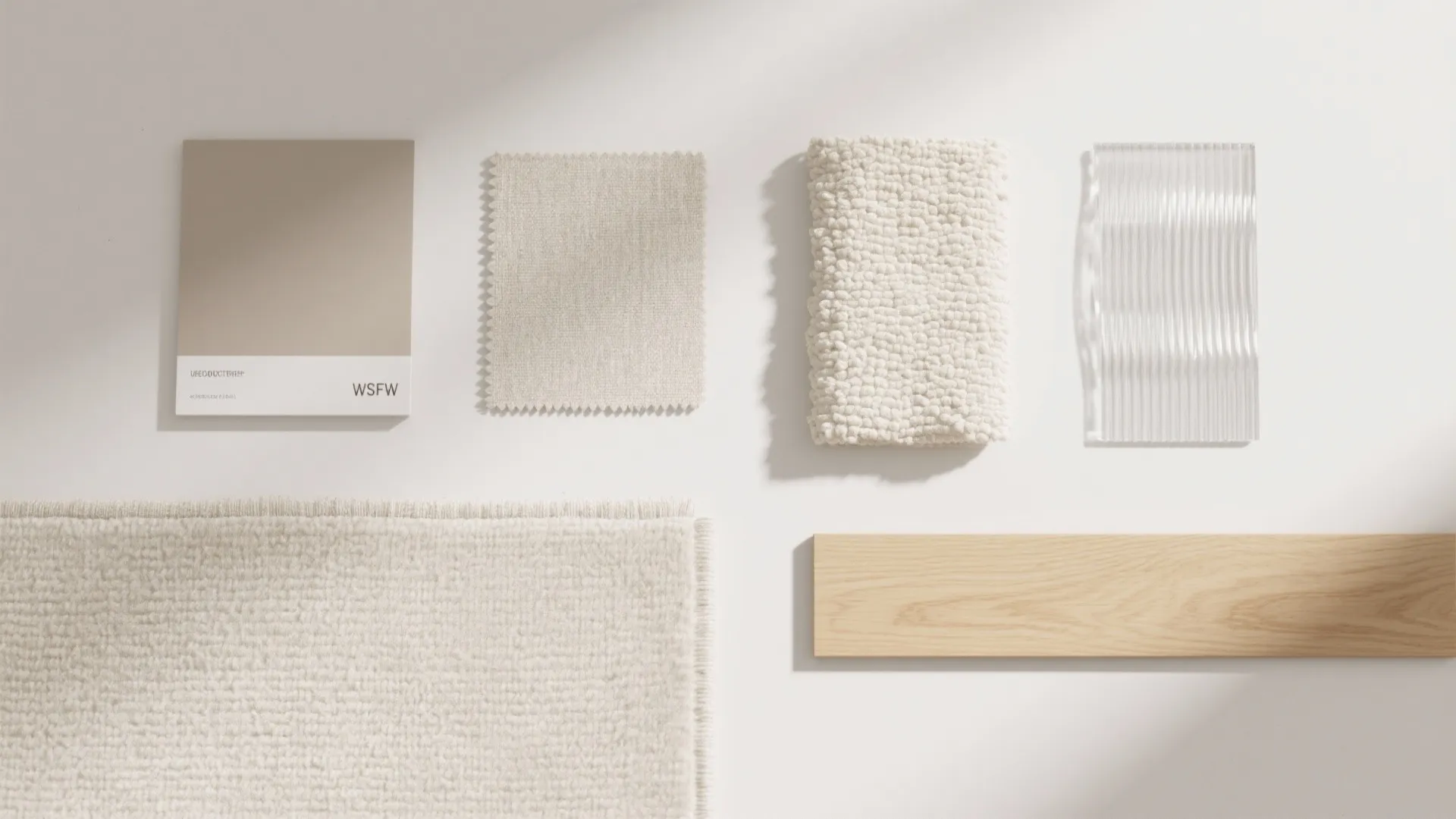 Interior design material board with wood plank fabric samples glass tile and neutral color palette
