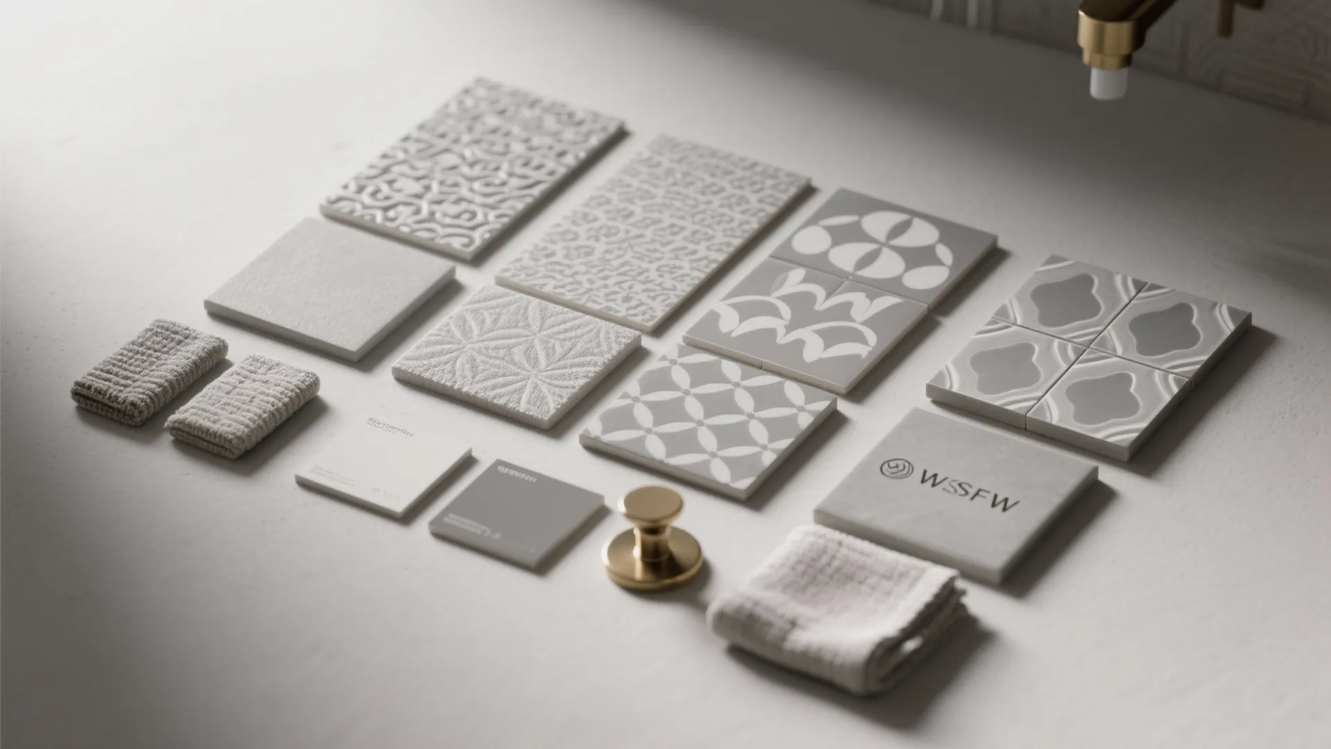 Interior design material board featuring grey tiles with various patterns and small gold hardware pieces