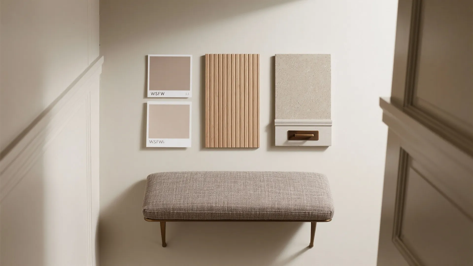 Flatlay of greige paint, millwork sheen swatches, ribbed wood, microcement, and bronze hardware.