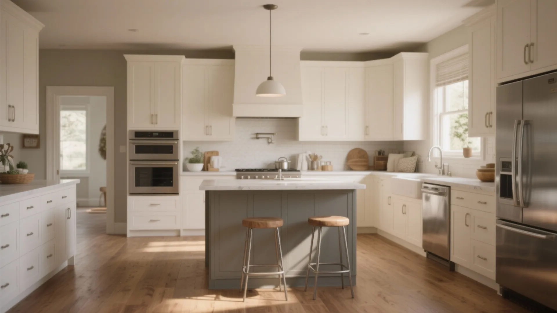 2. Tone-on-Tone Play: Warm White Cabinets + Greige Island