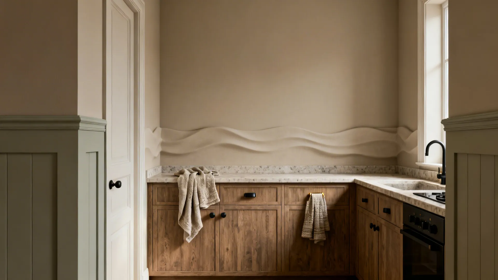 Small kitchen with satin greige walls and lighter trim creating a calm, spacious feel.