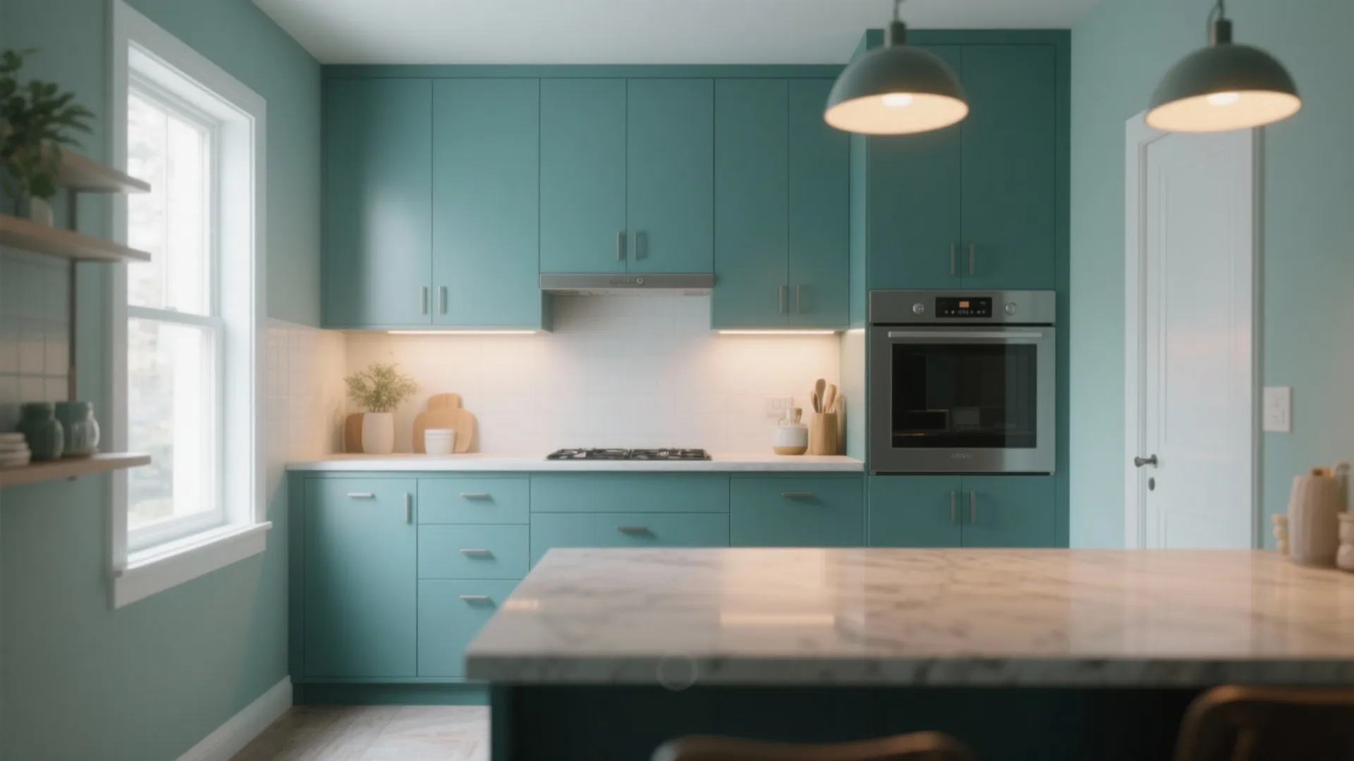 Modern teal kitchen with white marble countertops built in oven two ceiling lights and large window
