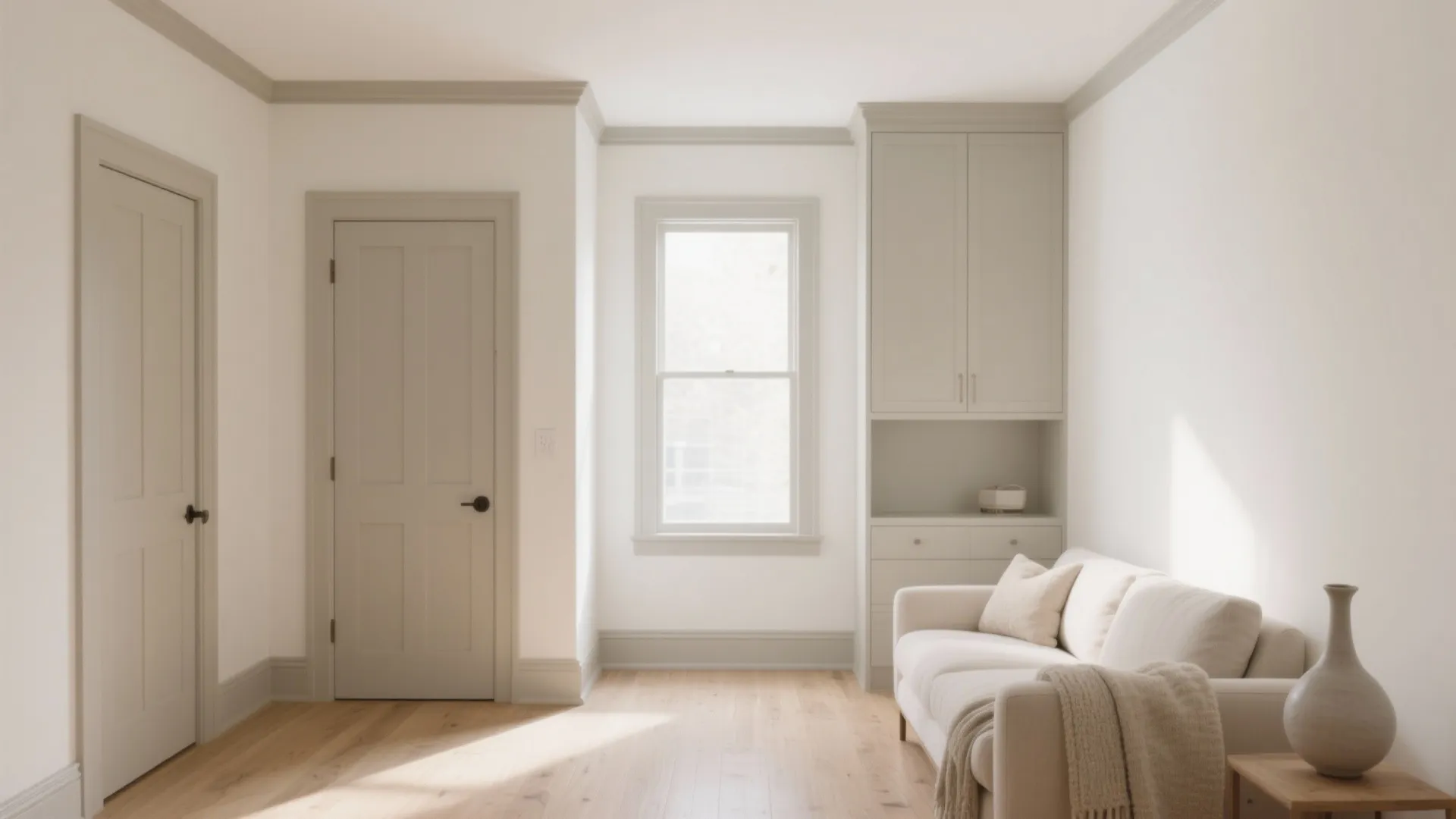 Bright living room with white sofa and cabinet beside window and two light grey doors