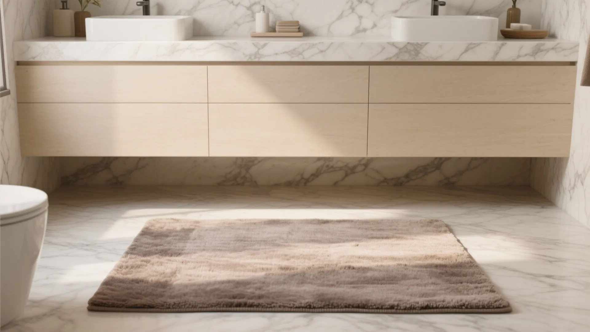 Modern bathroom featuring marble walls a wood cabinet with two sinks and a brown rug