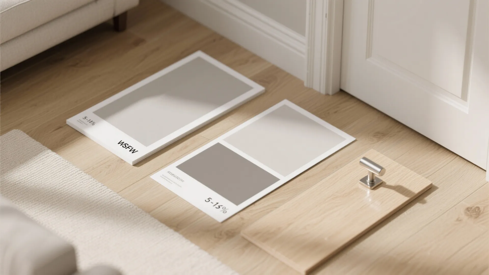 Interior design material samples including paint cards and wood flooring on a light wooden floor