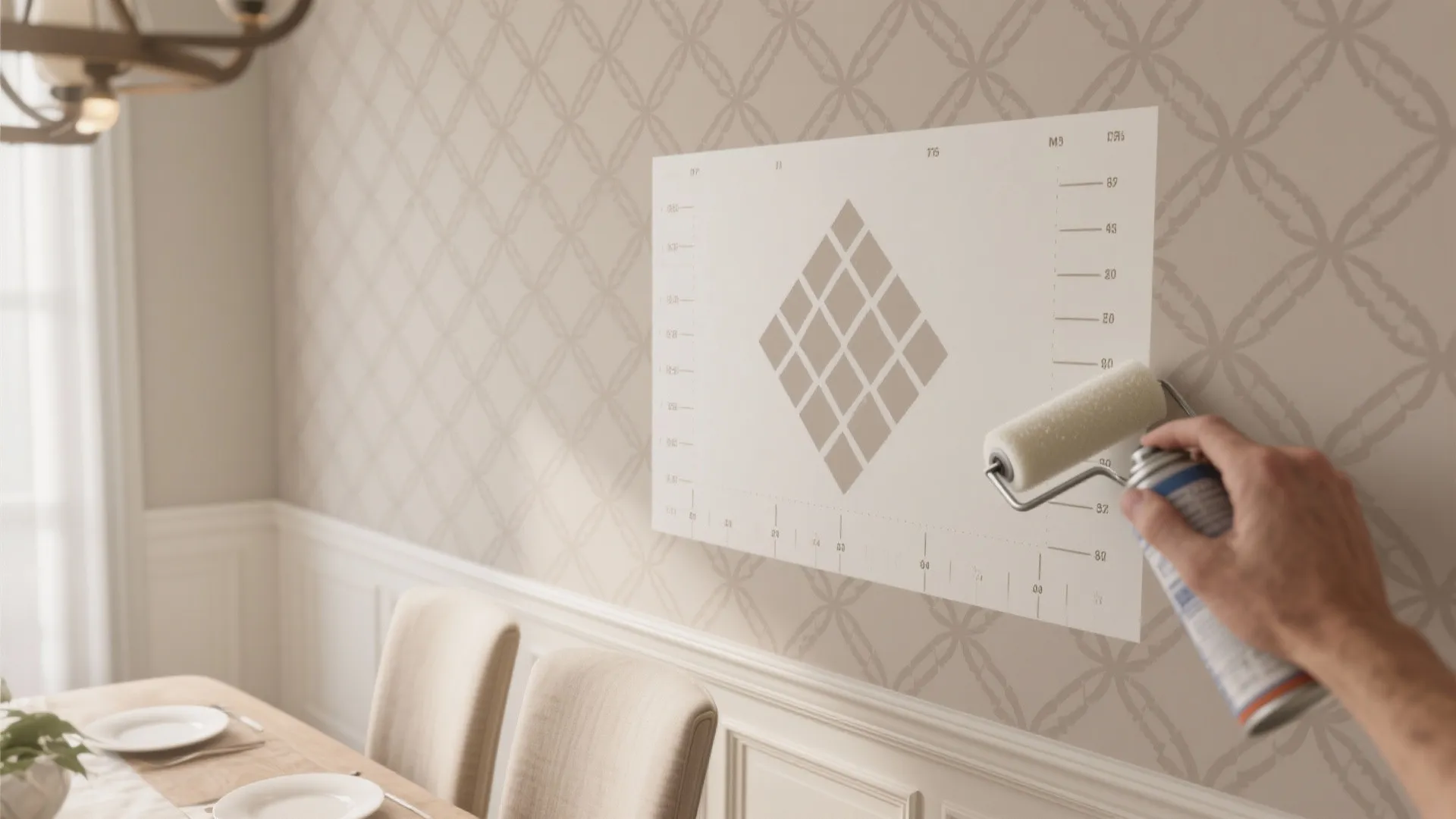 Person using paint roller on wall stencil with diamond pattern in a dining room interior