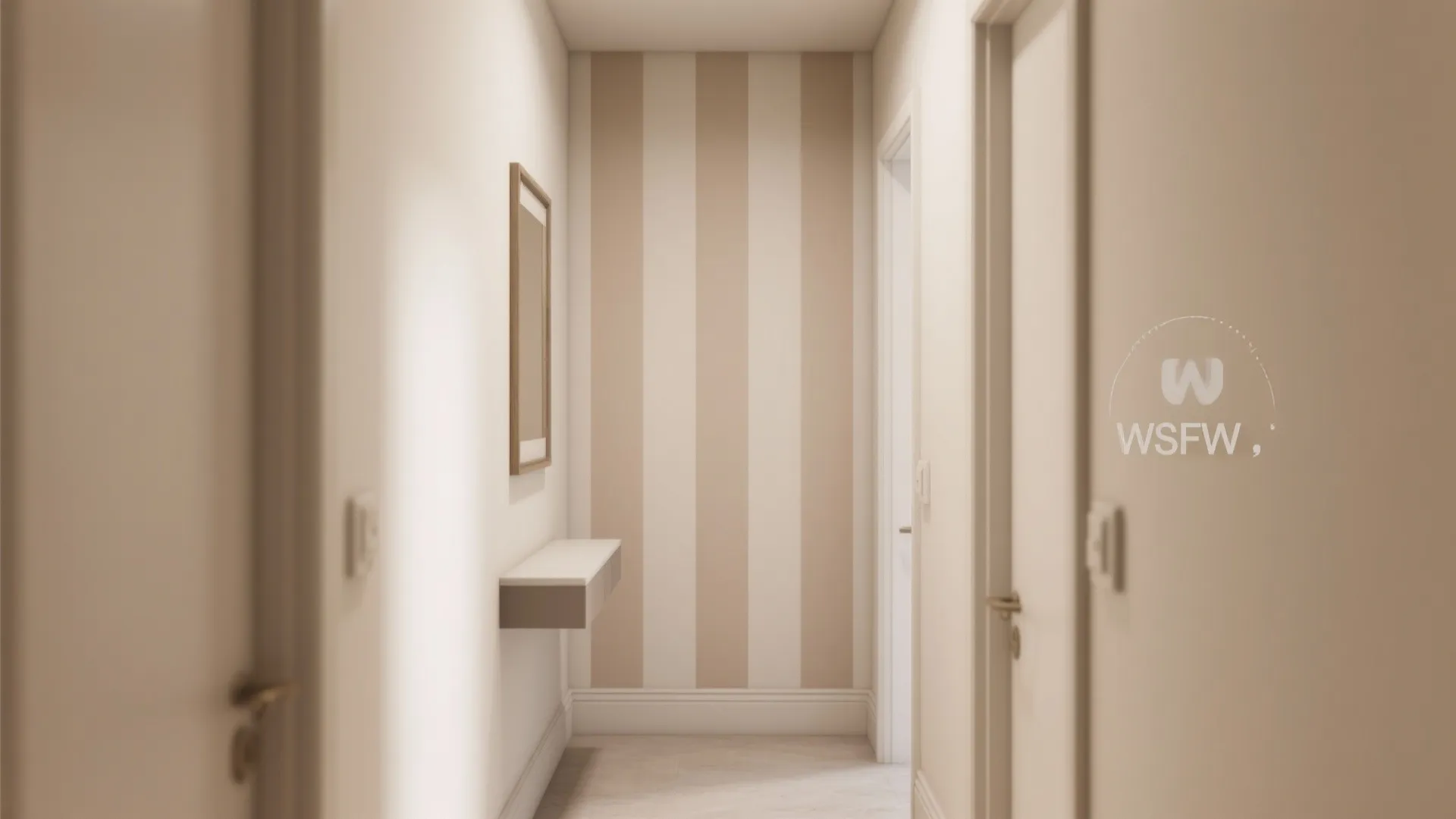 Compact hall with subtle vertical tone-on-tone stripes in warm neutrals.