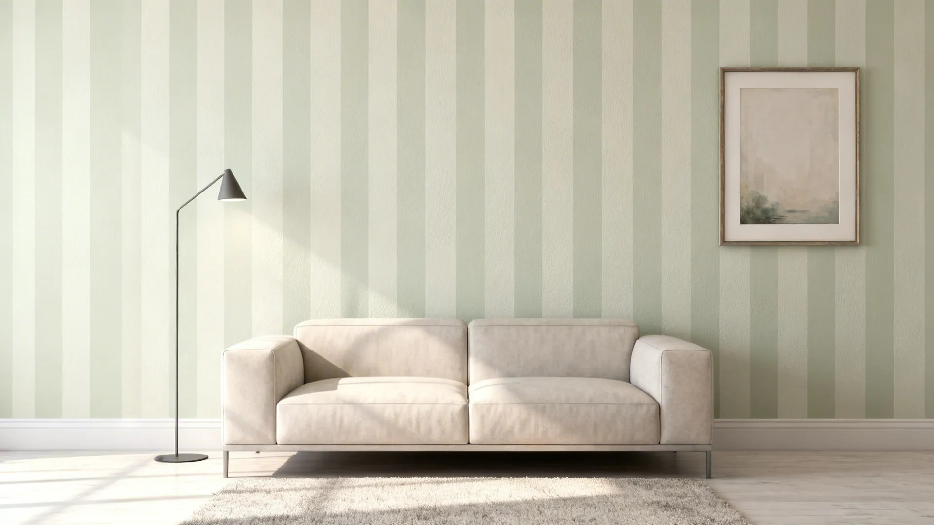 Living room wall with subtle vertical stripes in matte and eggshell of the same color.