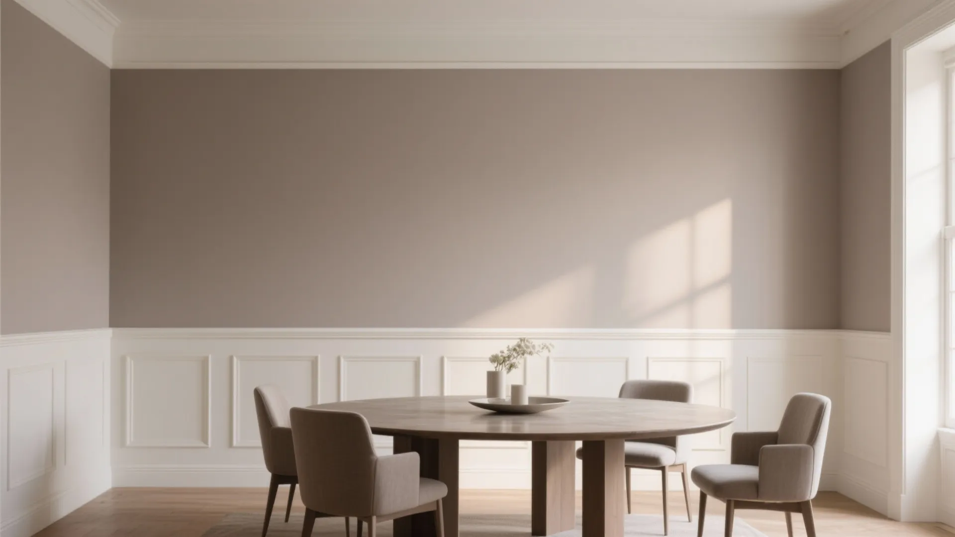 Tone-on-tone taupe dining room with matte and semi-gloss finishes
