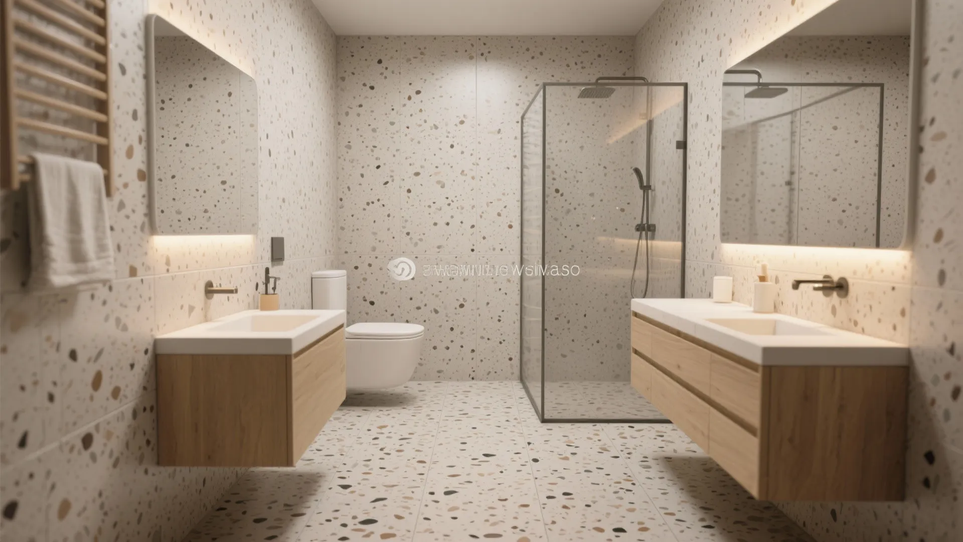 5) Tone-on-tone terrazzo-look porcelain for cohesive walls and floor
