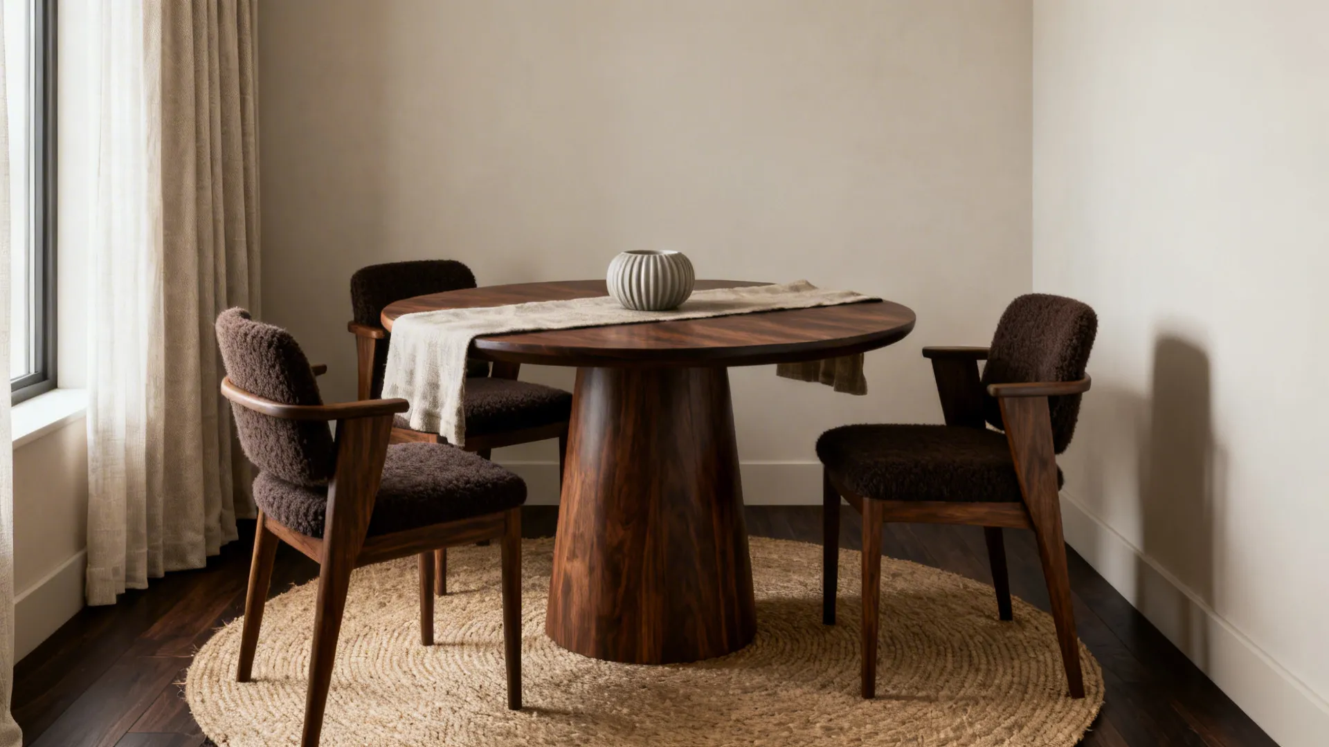 Round dark wood dining table and brown textured chairs on round rug in bright room