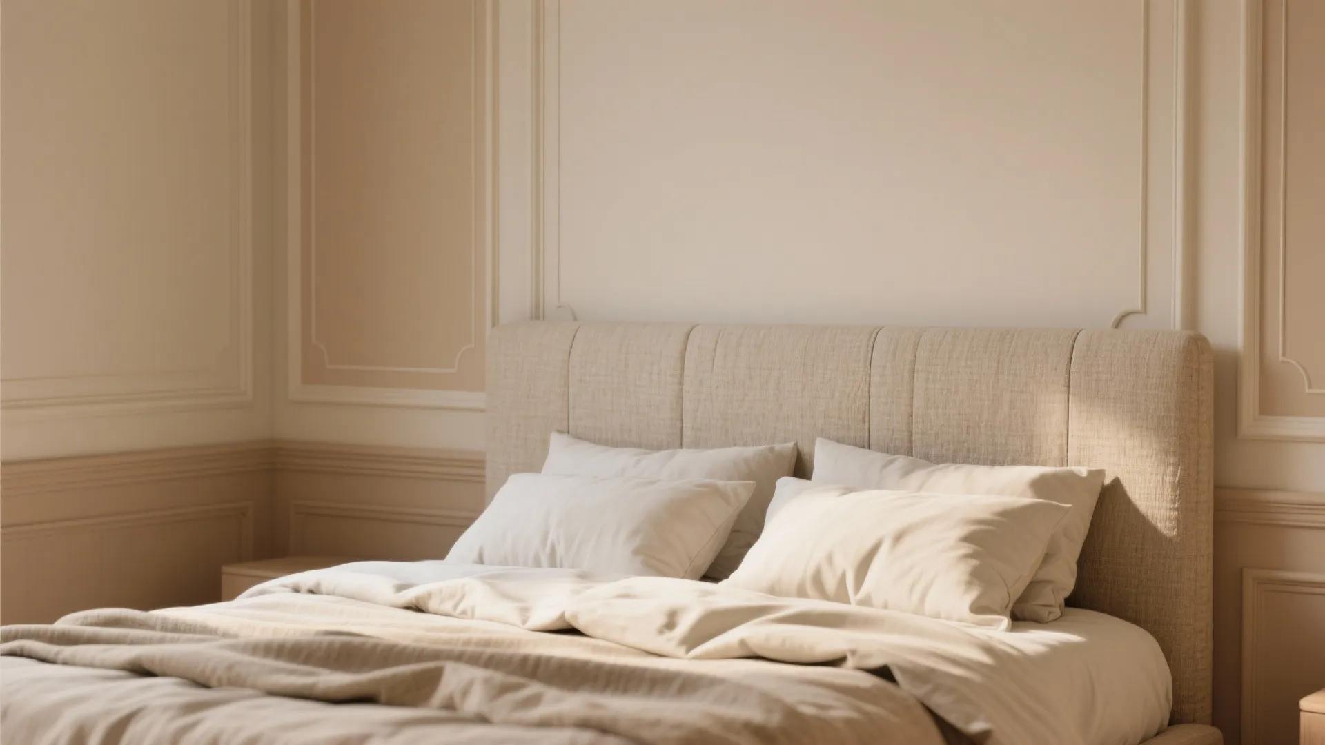 Bedroom with tone-on-tone trim where molding is a shade lighter than the wall, soft textiles and a calming atmosphere.