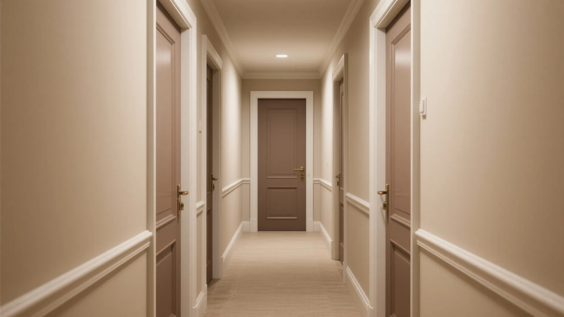 Hallway with doors and trim a shade darker than warm neutral walls, creating a cohesive tailored look.