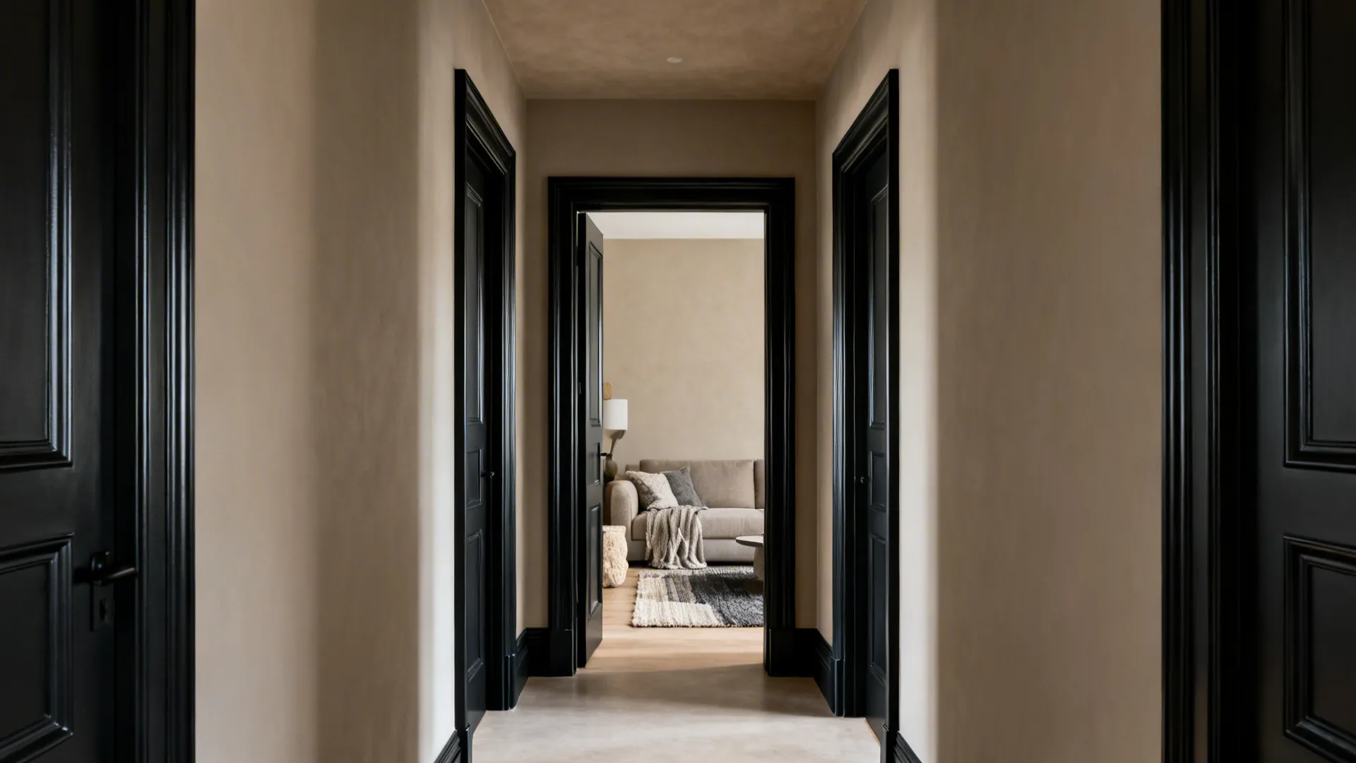 Greige living room with bold charcoal trim and semi-gloss doors