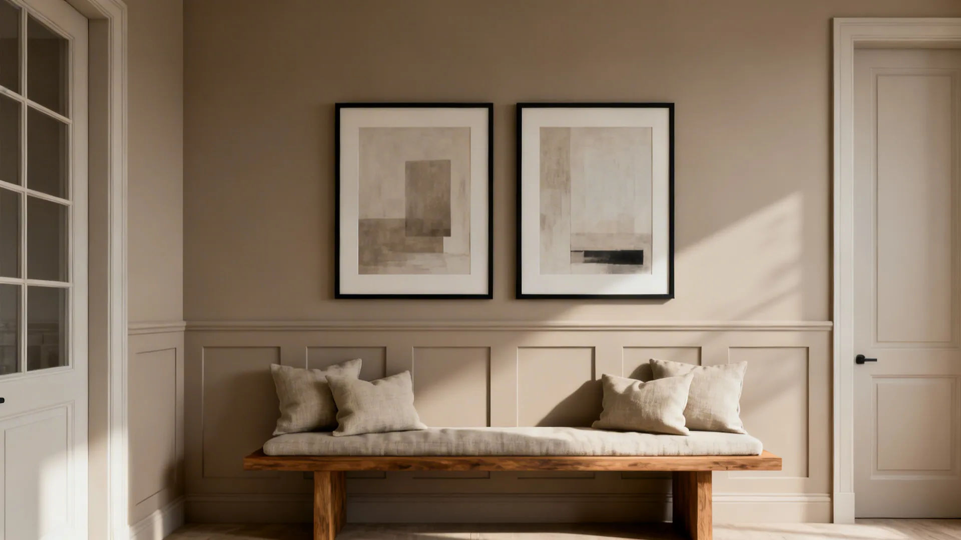 Entryway with a wooden bench and pillows below two framed pictures and beige wall panels