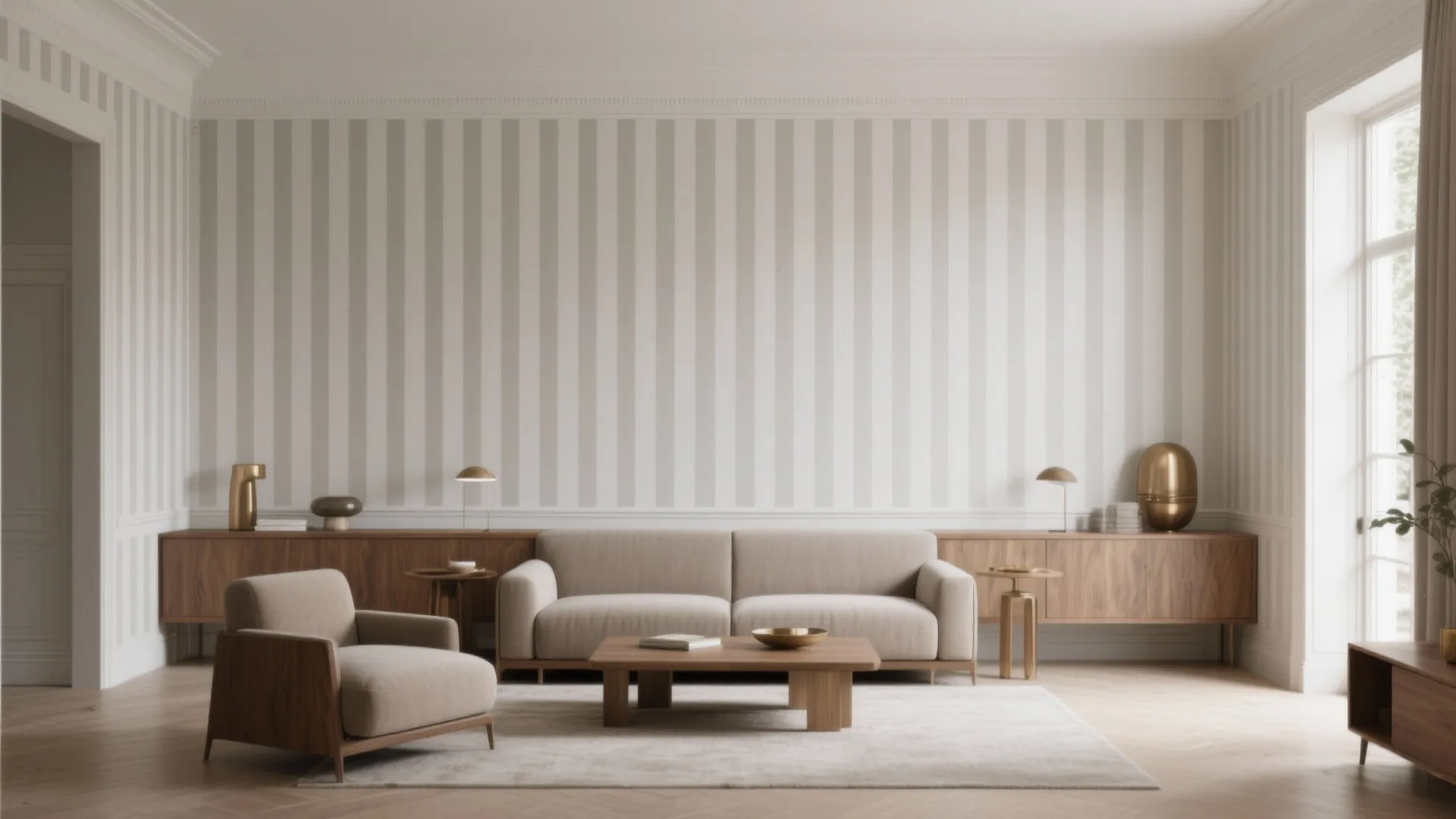 Minimalist living room featuring striped wallpaper wood cabinet beige sofa and matching armchair with low table