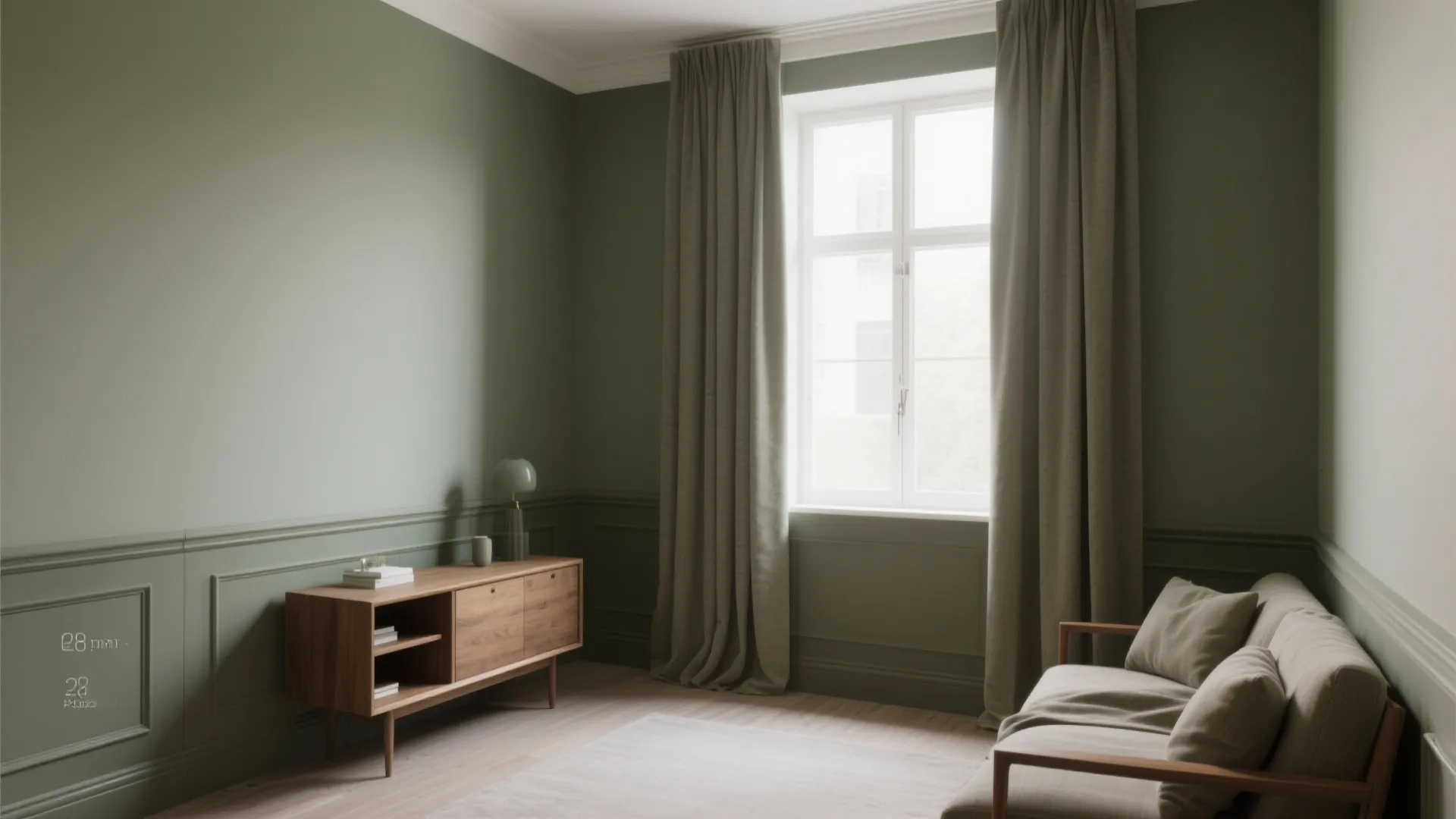 Minimalist green living room with wall panel details a wooden cabinet sofa and long grey curtains