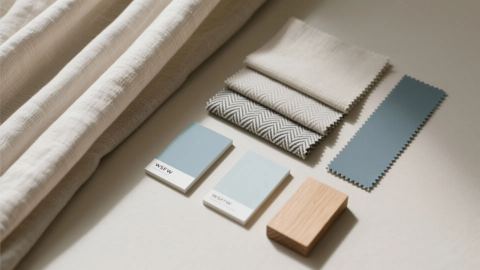 Flat lay of neutral fabric swatches—slub linen, twill, micro herringbone—with matching paint chips and a wood sample.