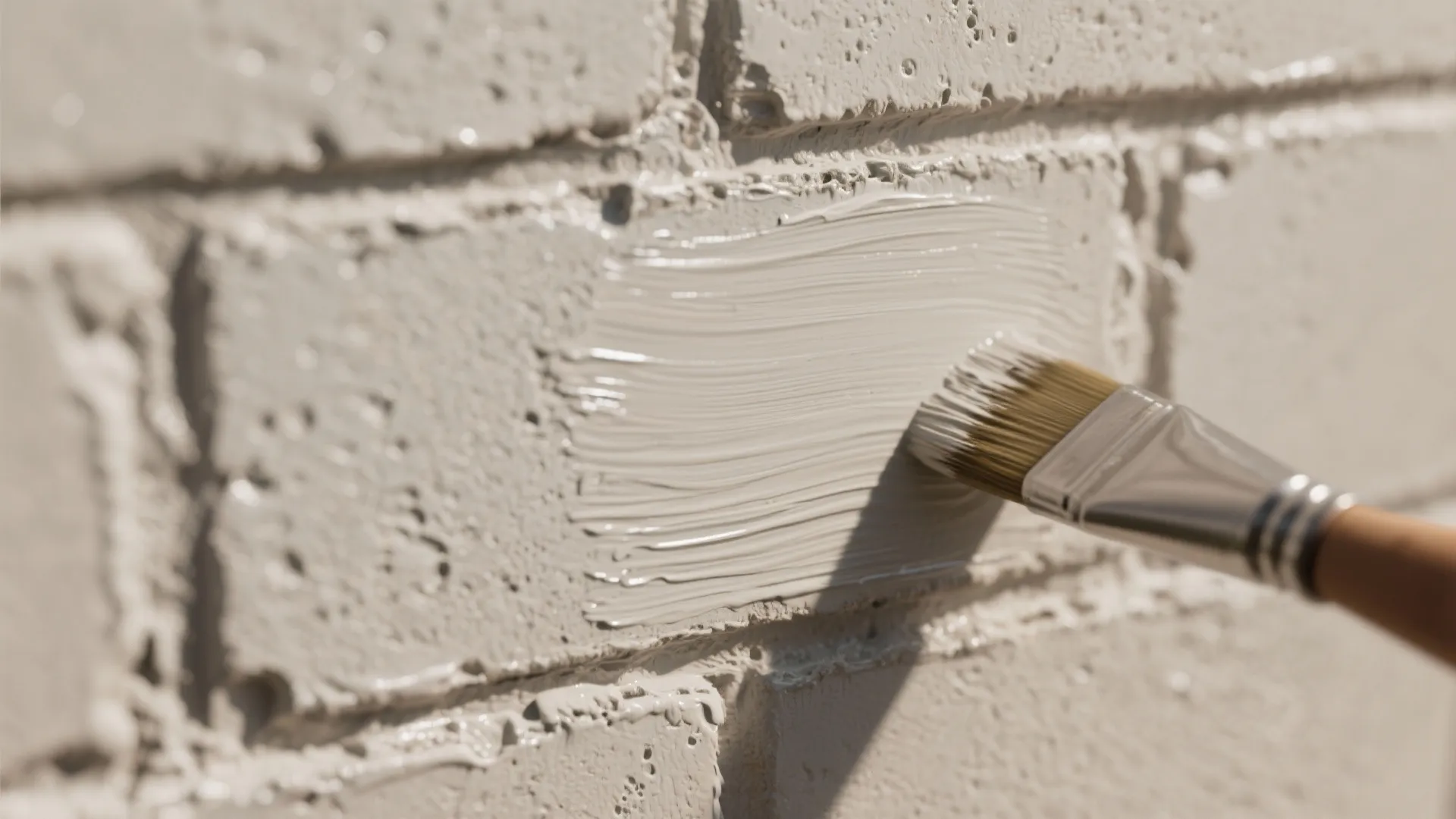 Small paintbrush applying a thick layer of light beige paint onto a textured brick wall