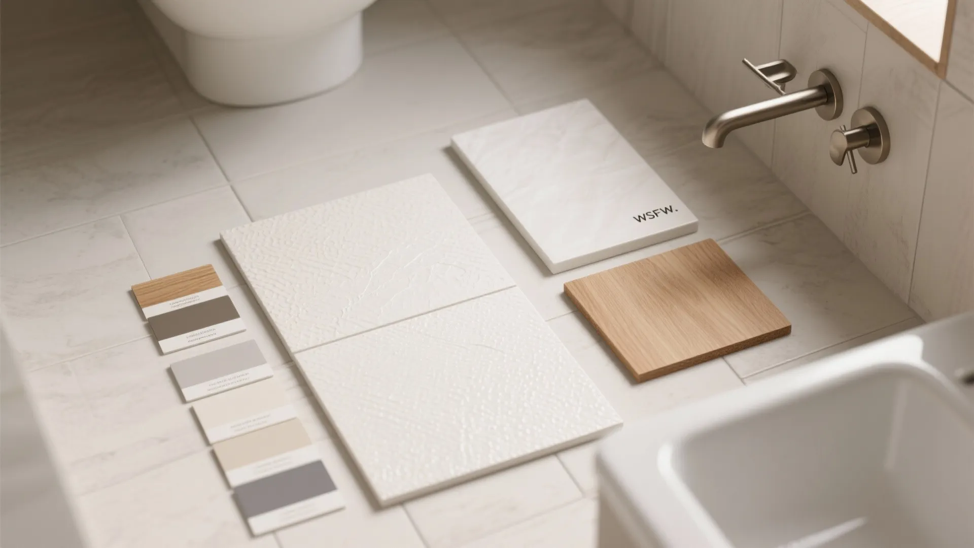 Collection of white textured tiles, wood samples, and color cards placed on a bathroom floor