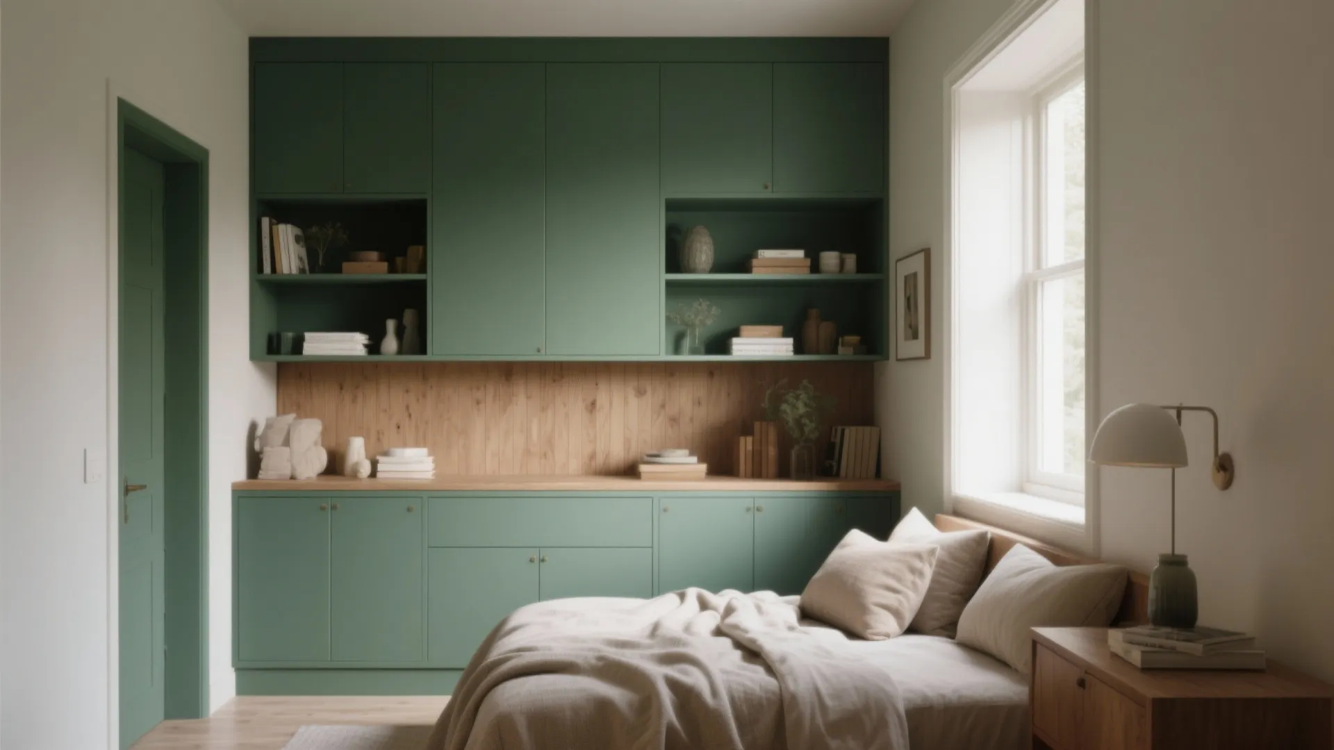 Minimalist bedroom with green wall cabinets wooden desk white bed and window with natural light