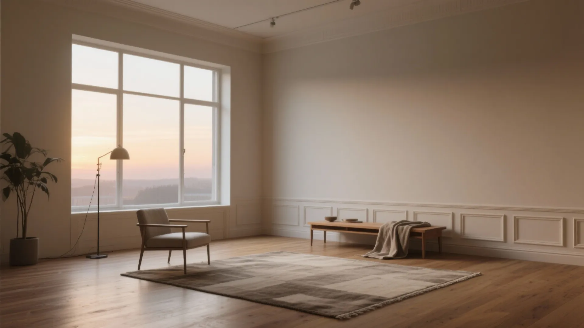 Large living room with big window armchair floor lamp rug wooden bench and wall panels