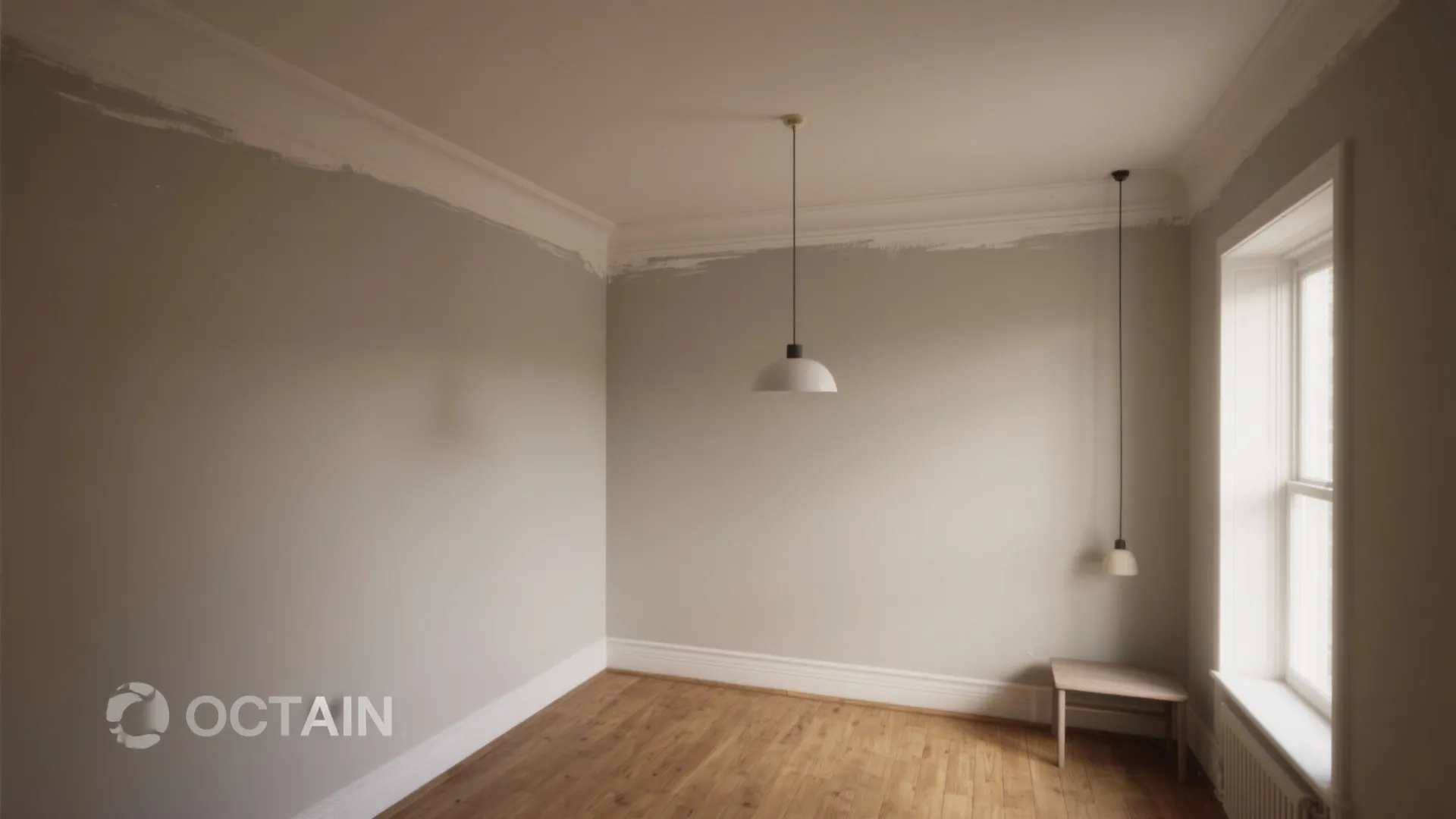 Studio corner showing a subtle band of ceiling paint feathered down the wall to create a tone-on-tone transition.