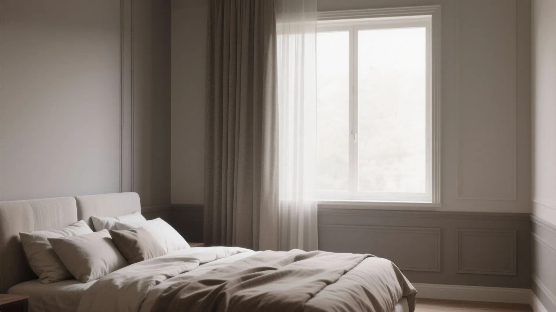 Bedroom showing tone-on-tone trim with walls and trim in two close warm-gray shades under soft daylight, creating a cohesive calm look.