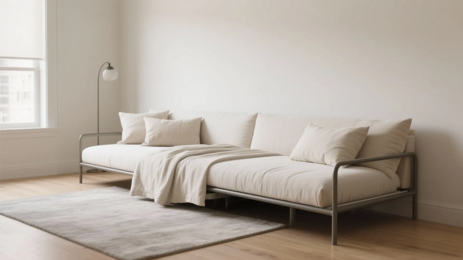 Tone-on-tone daybed with a twin trundle in a compact studio, soft beiges and off-white linens for a light look.