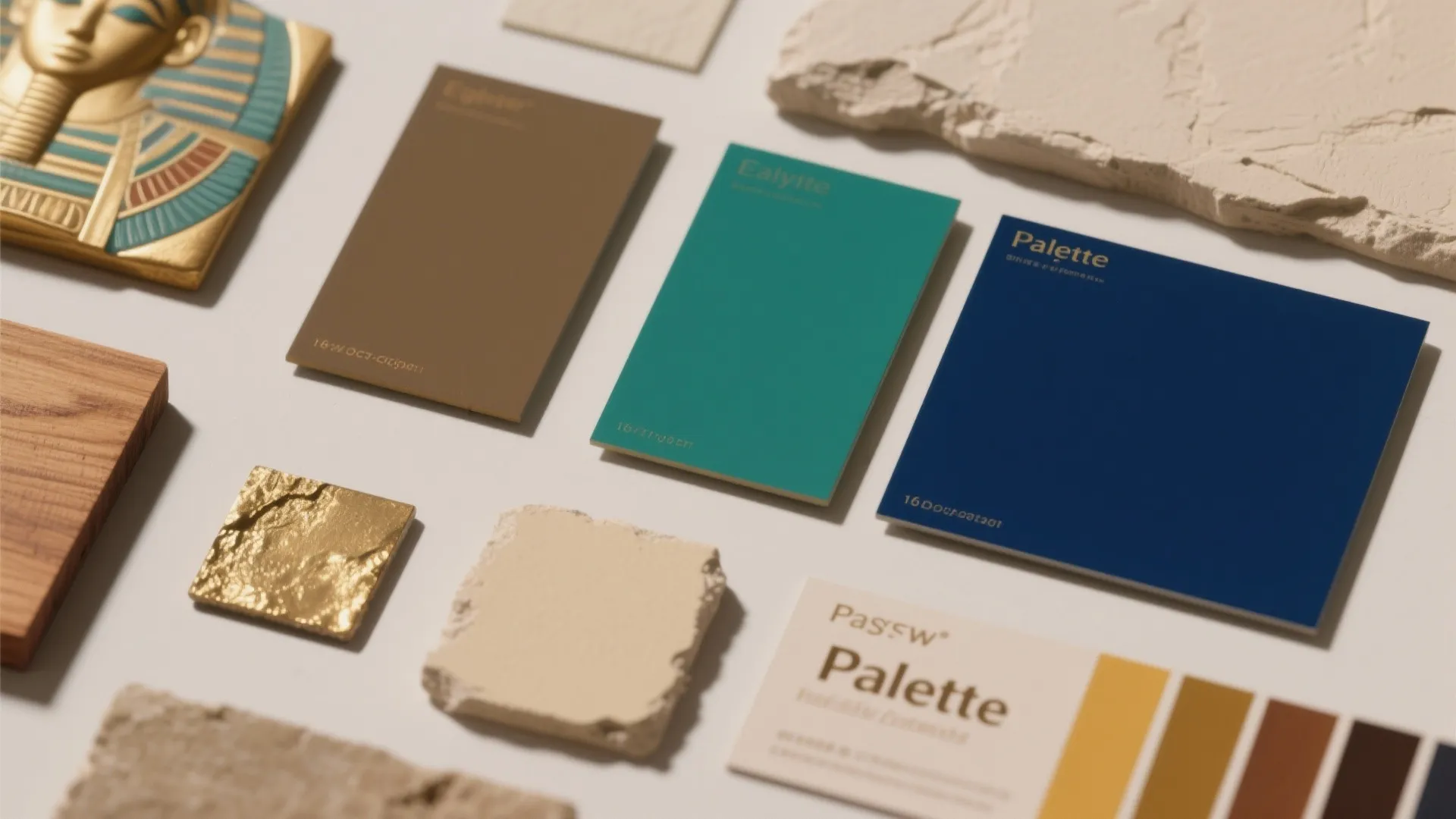 Flatlay of muted Egyptian palette swatches with a single gold accent and material samples.