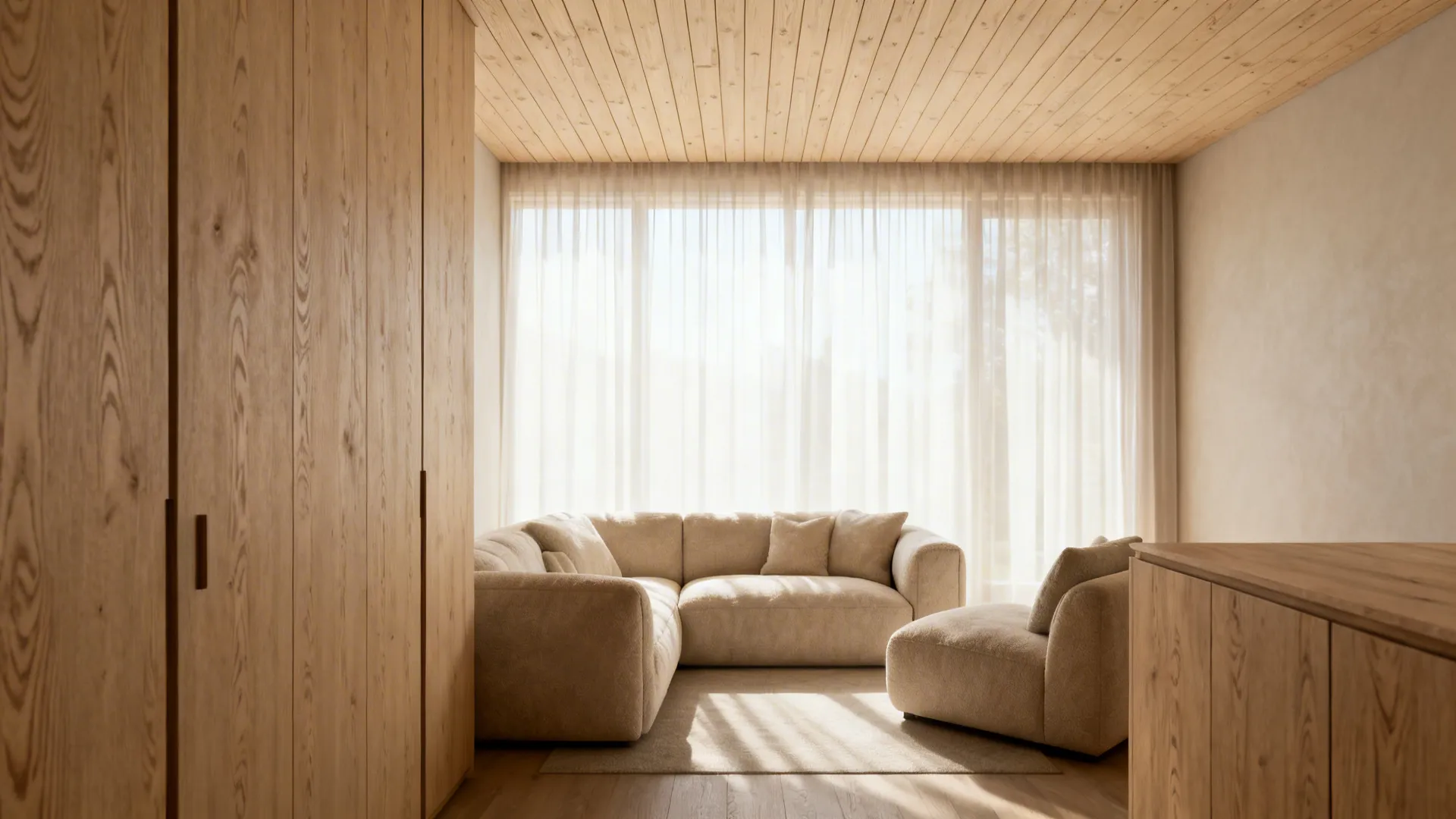 Cozy living room with tongue-and-groove pine ceiling panels and Scandinavian furnishings