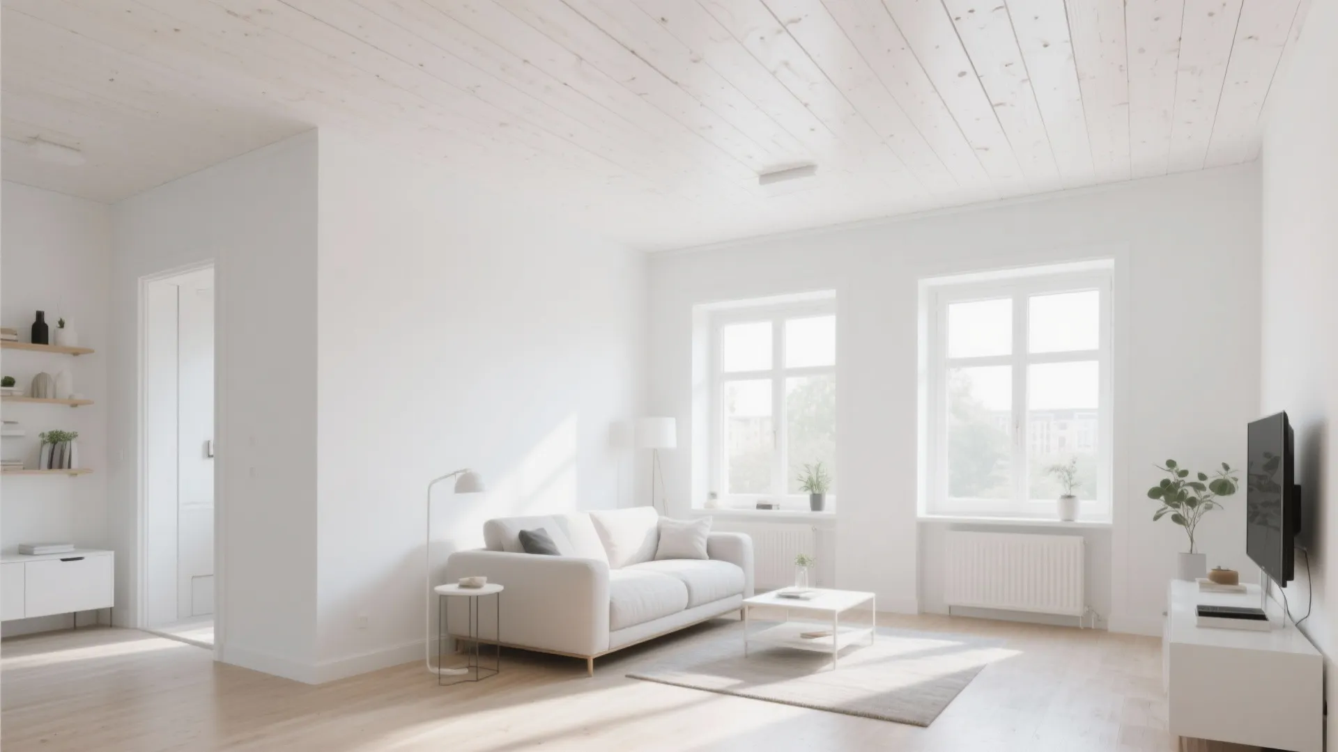 Bright white living room with white wood plank ceiling, small sofa, two windows, and light flooring
