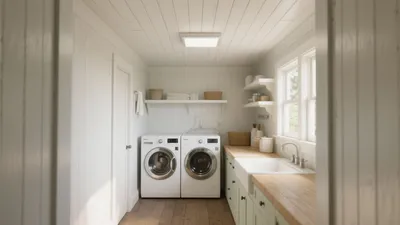 Bright Farmhouse Laundry Room with Wood Countertops