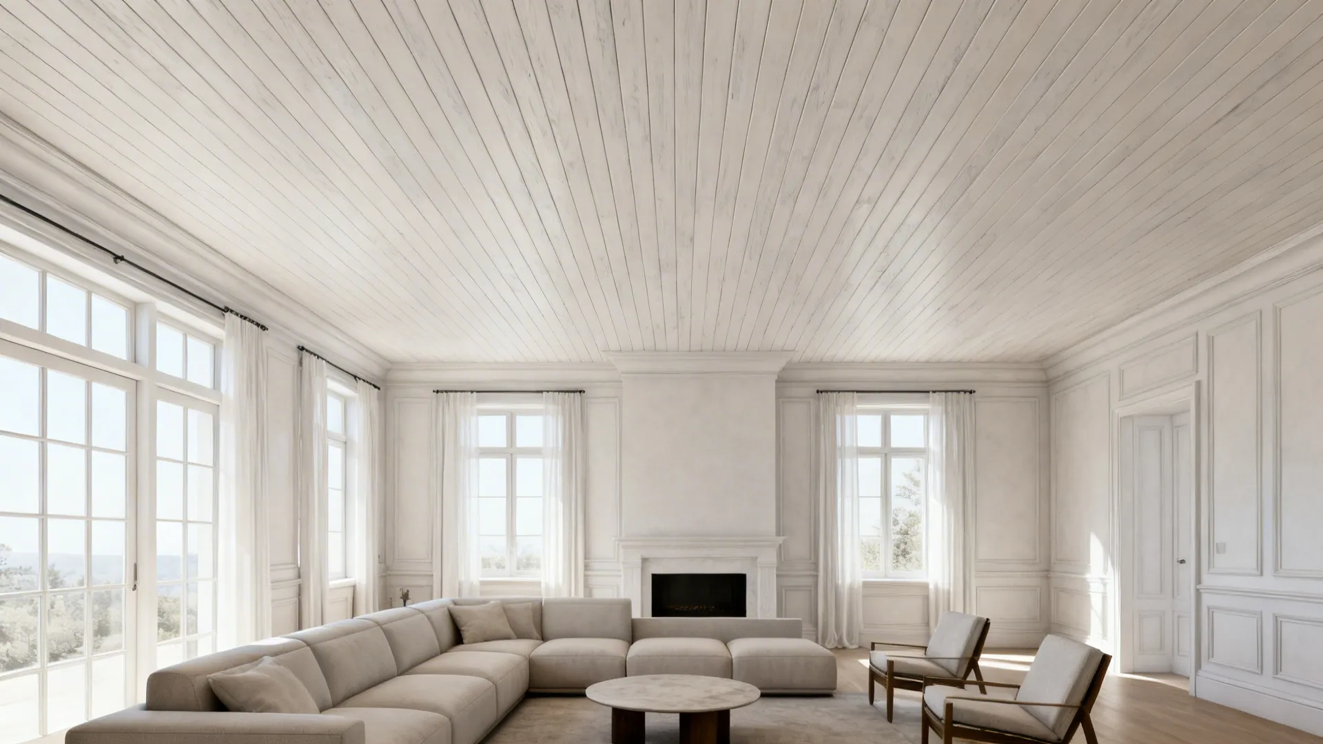 Living room with whitewashed tongue-and-groove ceiling planks creating a seamless texture