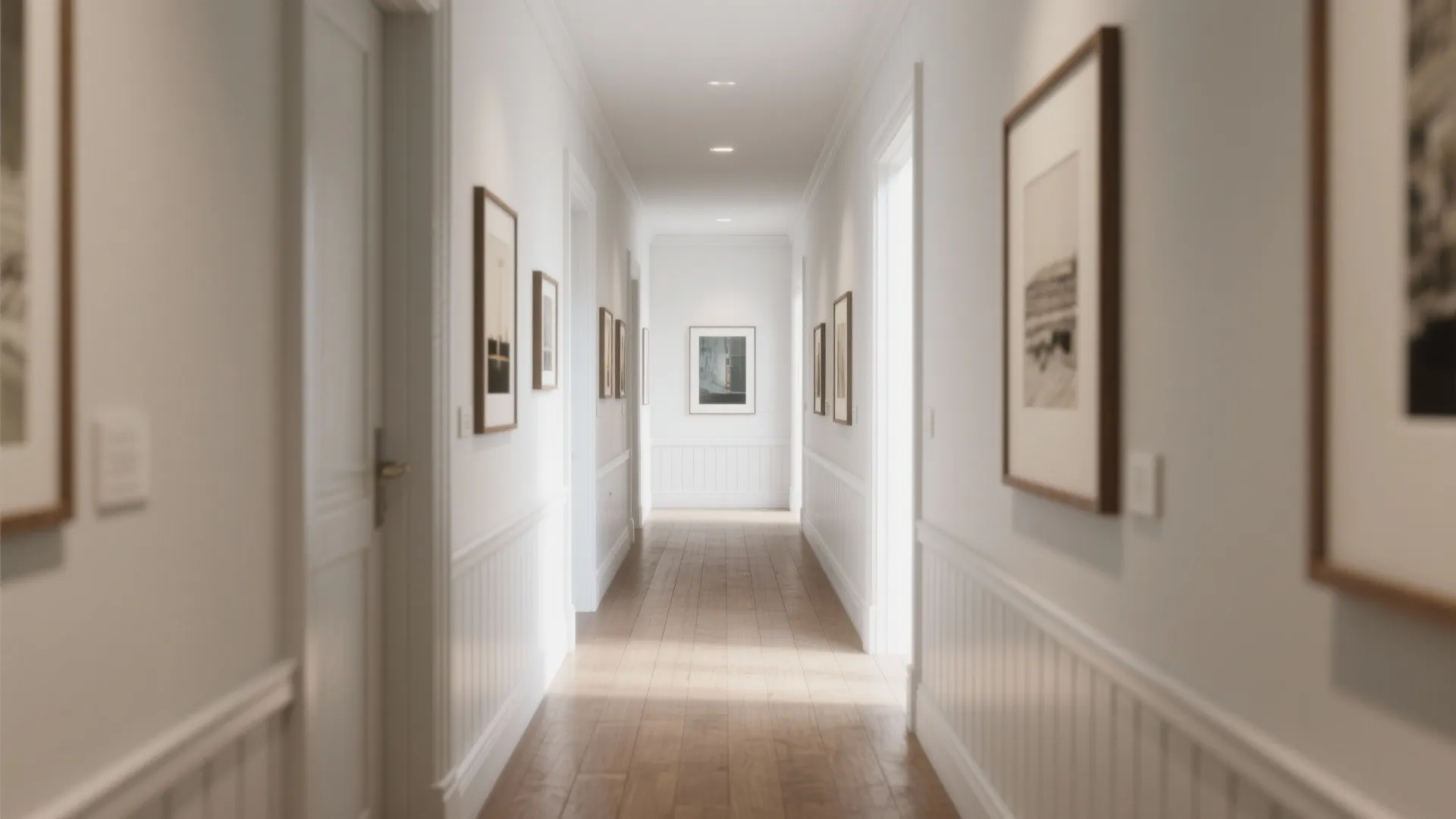 Long white hallway with wooden floor framed wall art white wall panels and ceiling lights