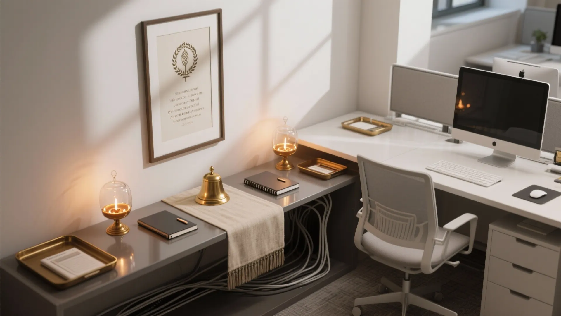 Modern white office desk with computer chair framed art small bell and warm light fixtures