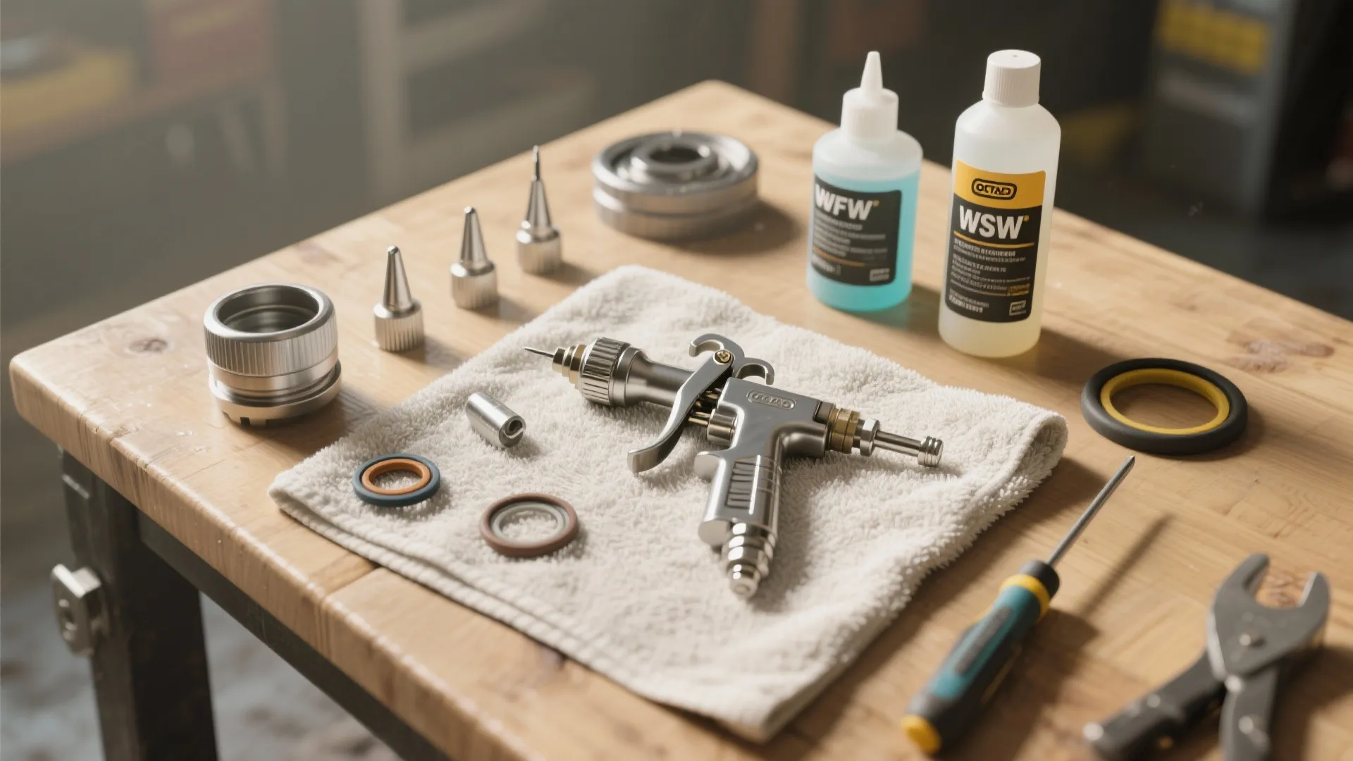 Paint spray gun on white towel with cleaning oil bottles and hand tools on wood table