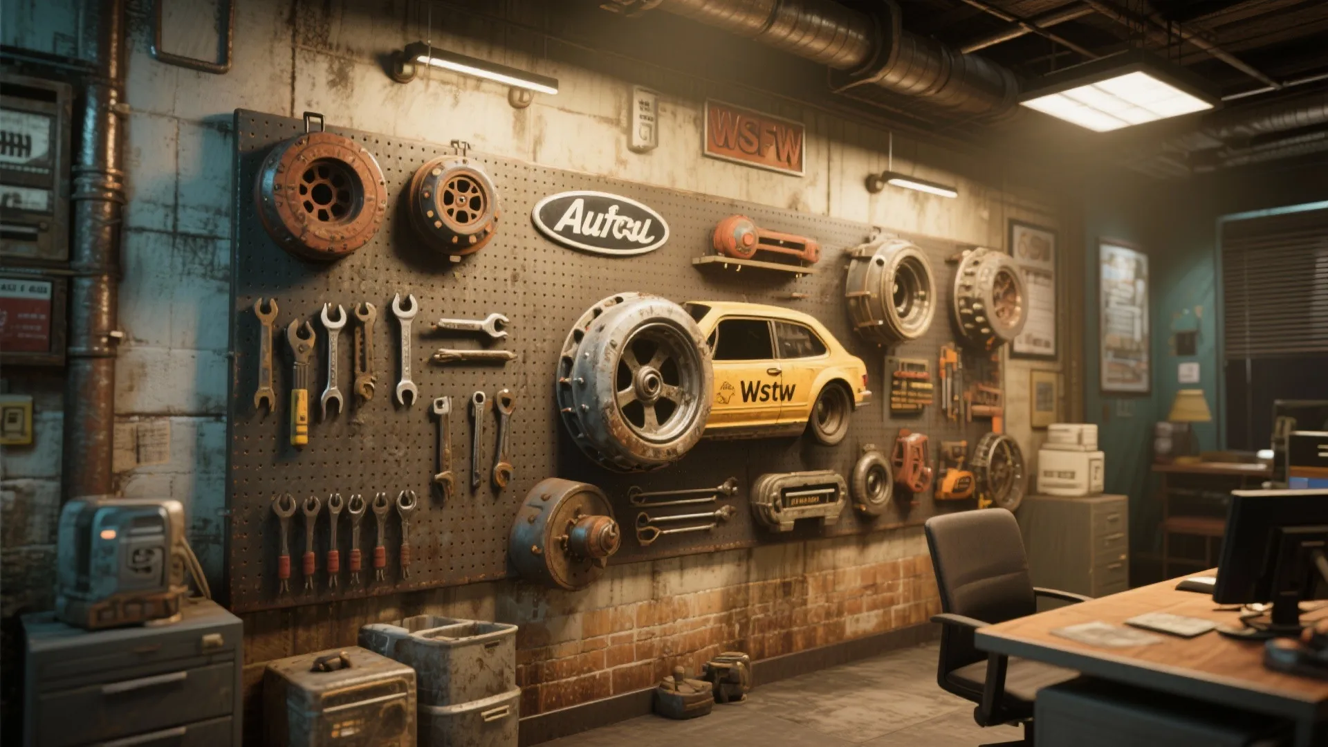 Feature wall with vintage automotive tool display
