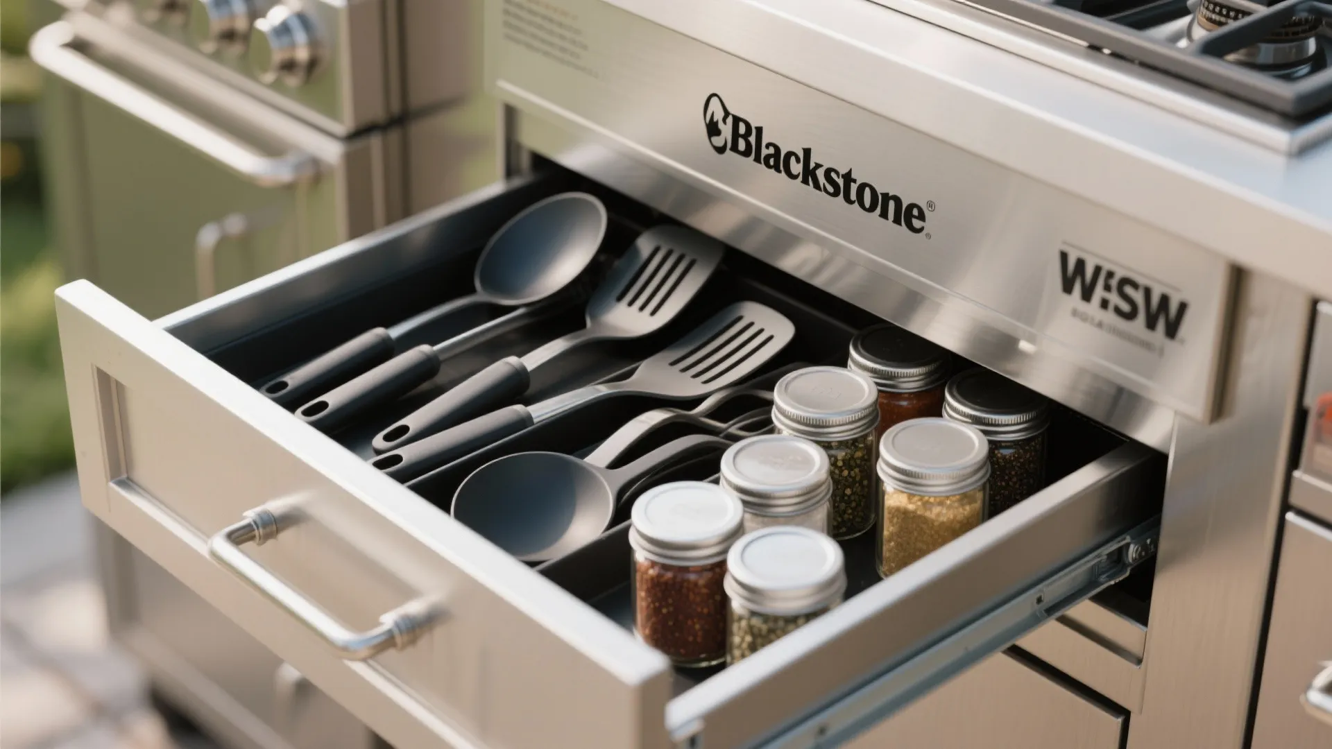 Open stainless steel kitchen drawer containing black spatulas and several small glass jars with spices