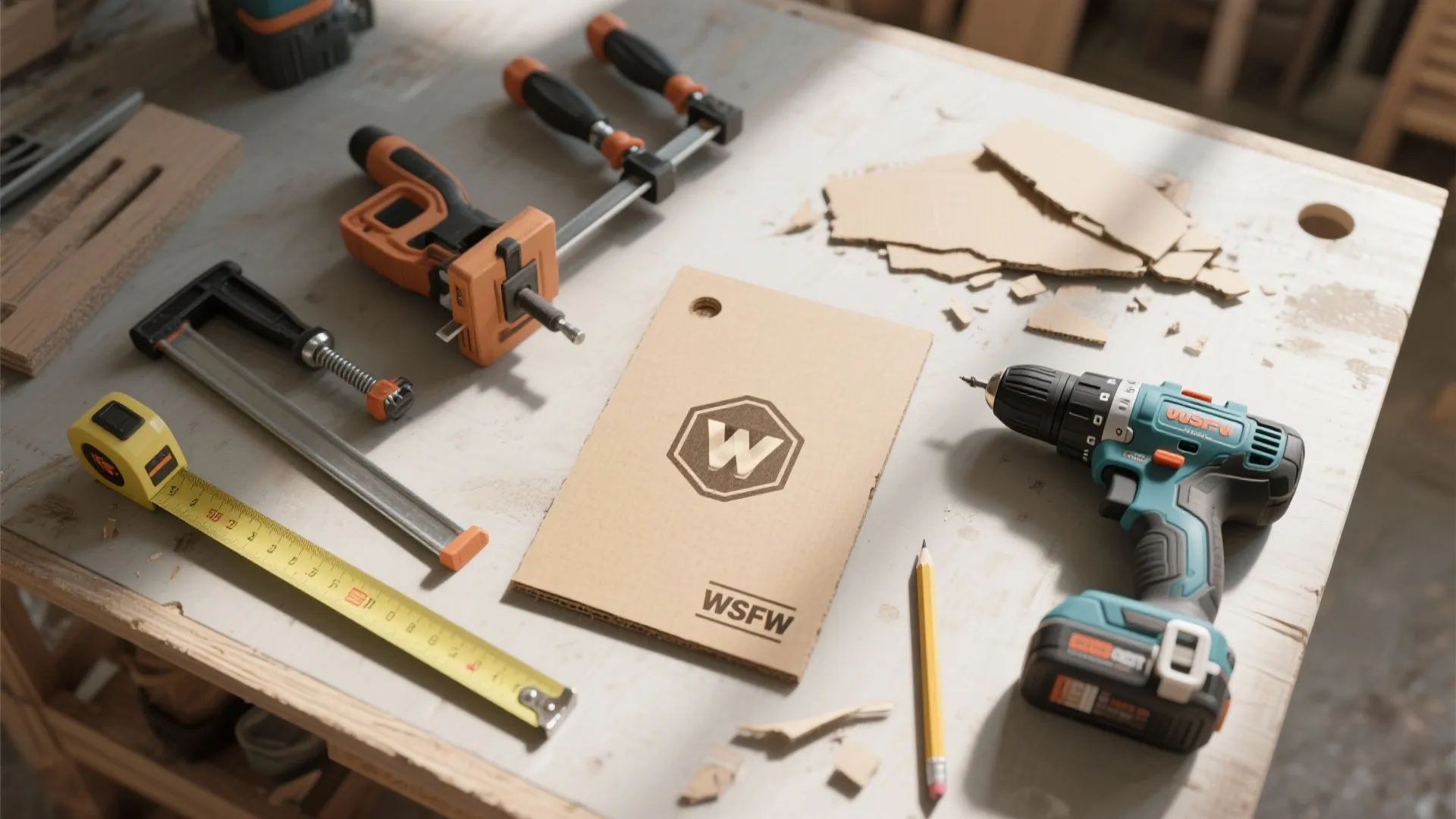 Wood table with electric drill and tape measure beside cardboard with logo and some orange clamps