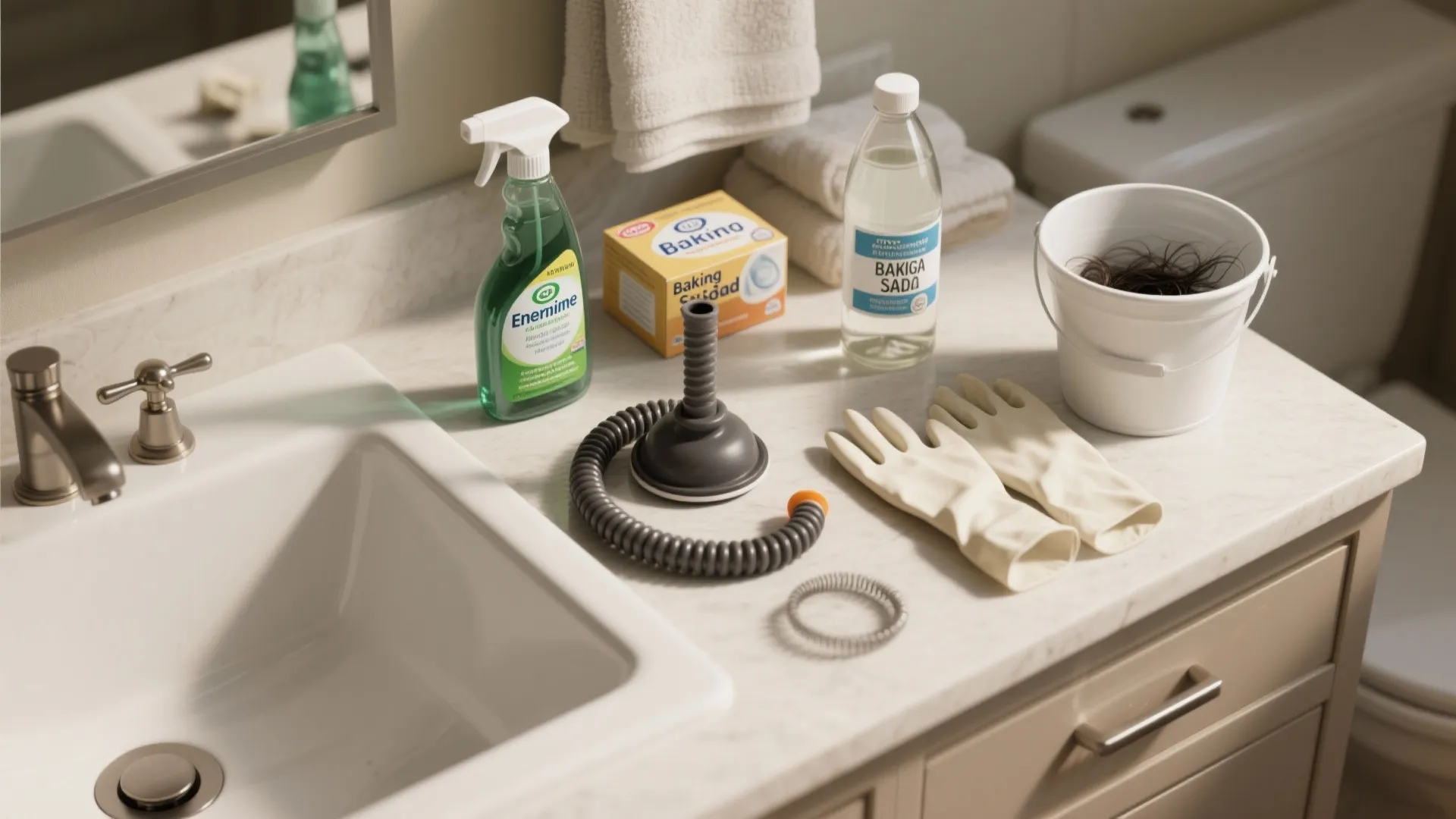 Cleaning supplies including baking soda spray gloves and a drain plunger on a bathroom counter