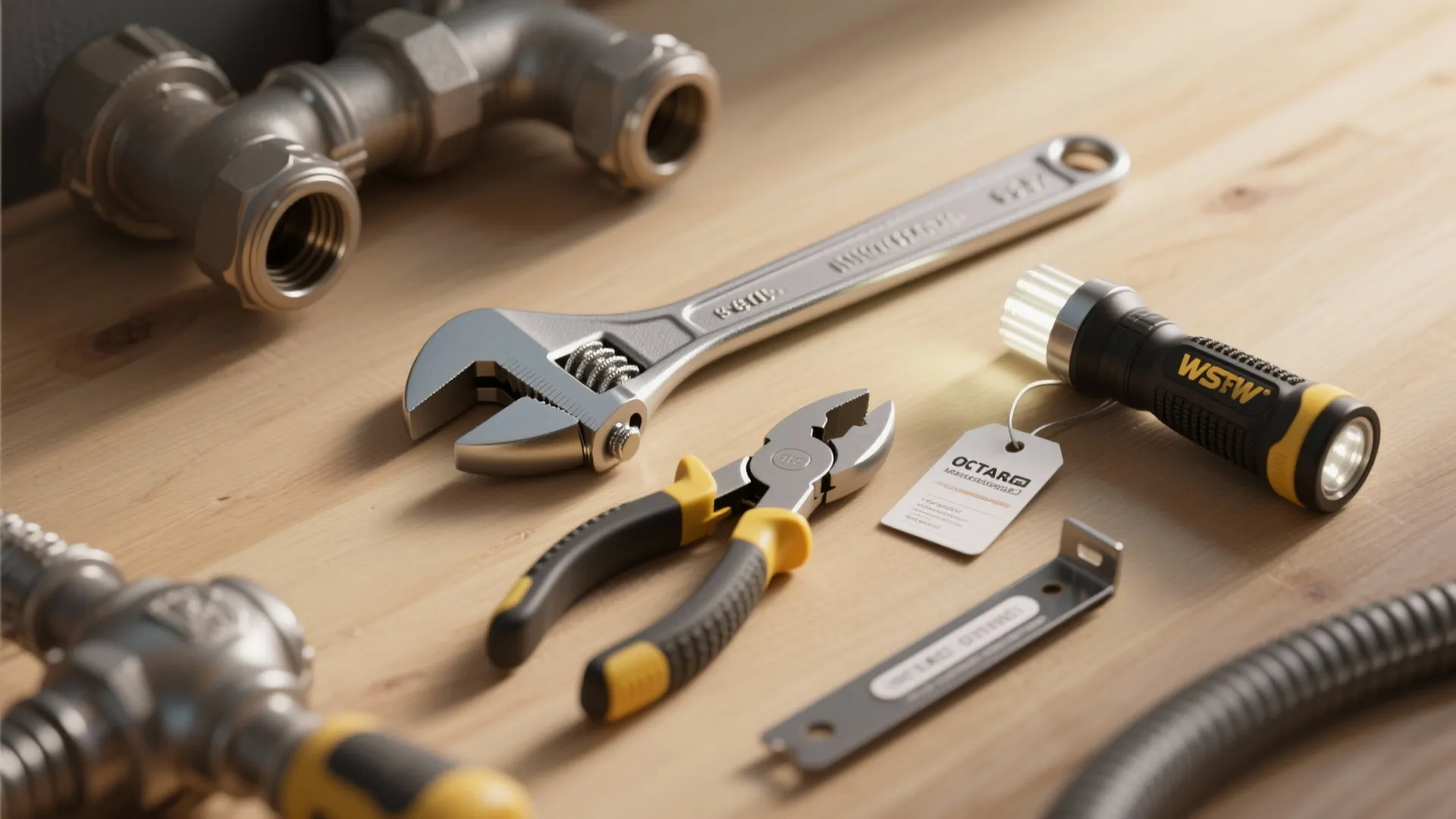 Top-down view of compact plumbing tools neatly arranged with labels and a magnetic strip for storage ideas.